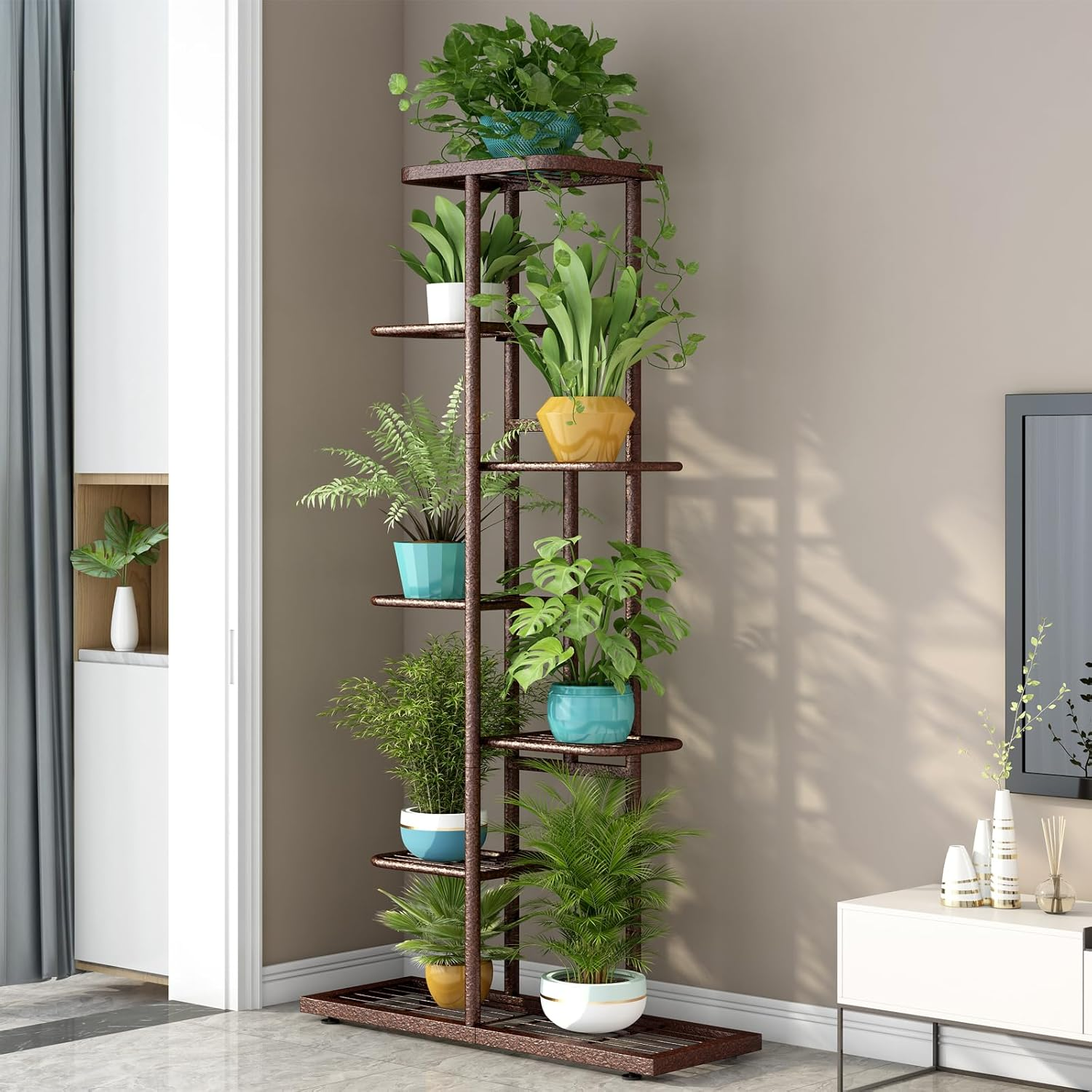 LINZINAR Plant Stand Metal 7 Tier 8 Potted Multiple Flower Pot Holder Shelf Indoor Outdoor Planter Display Shelving Unit for Patio Garden Corner Balcony Living Room, Bronze image number 2