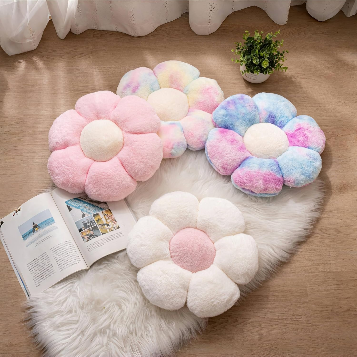 2 Pcs Flower Pillow Cute Pink Throw Pillows Daisy Flower Shaped Floor Cushions Set, Preppy Decorative Throw Pillows for Girls Bed Bedroom Couch Decor (Multicolour Purple & Multicolour Pink) - White  Multicolour Pink image number 4