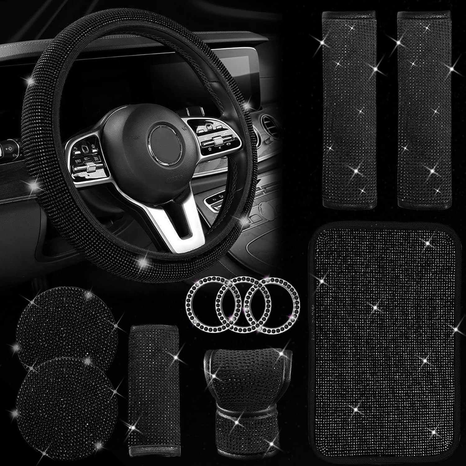 11 Pcs Bling Car Accessories Set,Bling Car Accessories Set for Women, Bling Steering Wheel Cover for Women Universal Fit 15 Inch, Rhinestone Center Console Cover(Ch Amp Ag Ne)