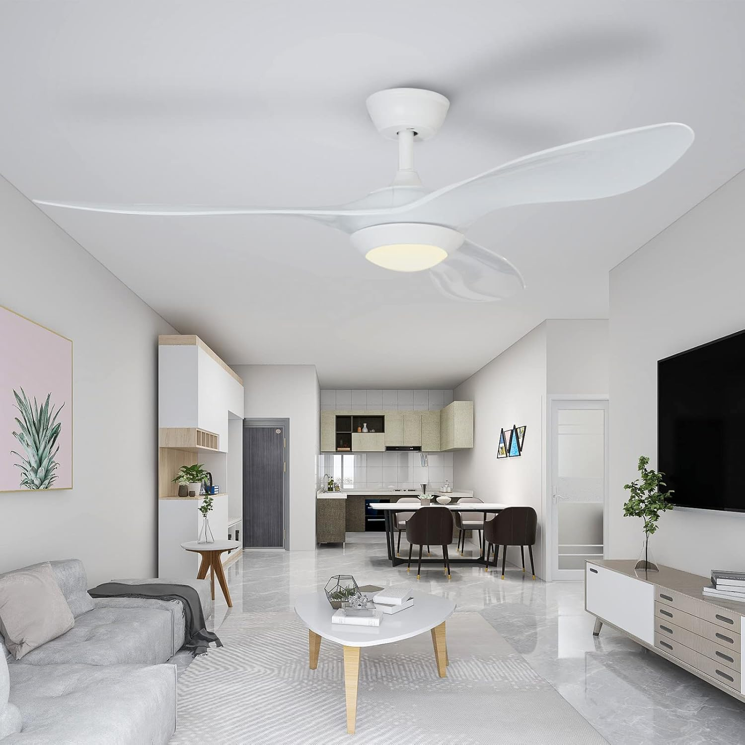 USOR 52Inch Ceiling Fan with Lights Remote Control, Pure White, Silent Motor for Bedroom,Living Room, Office, Basement, Kitchen, Dining Room 3 Blades image number 4