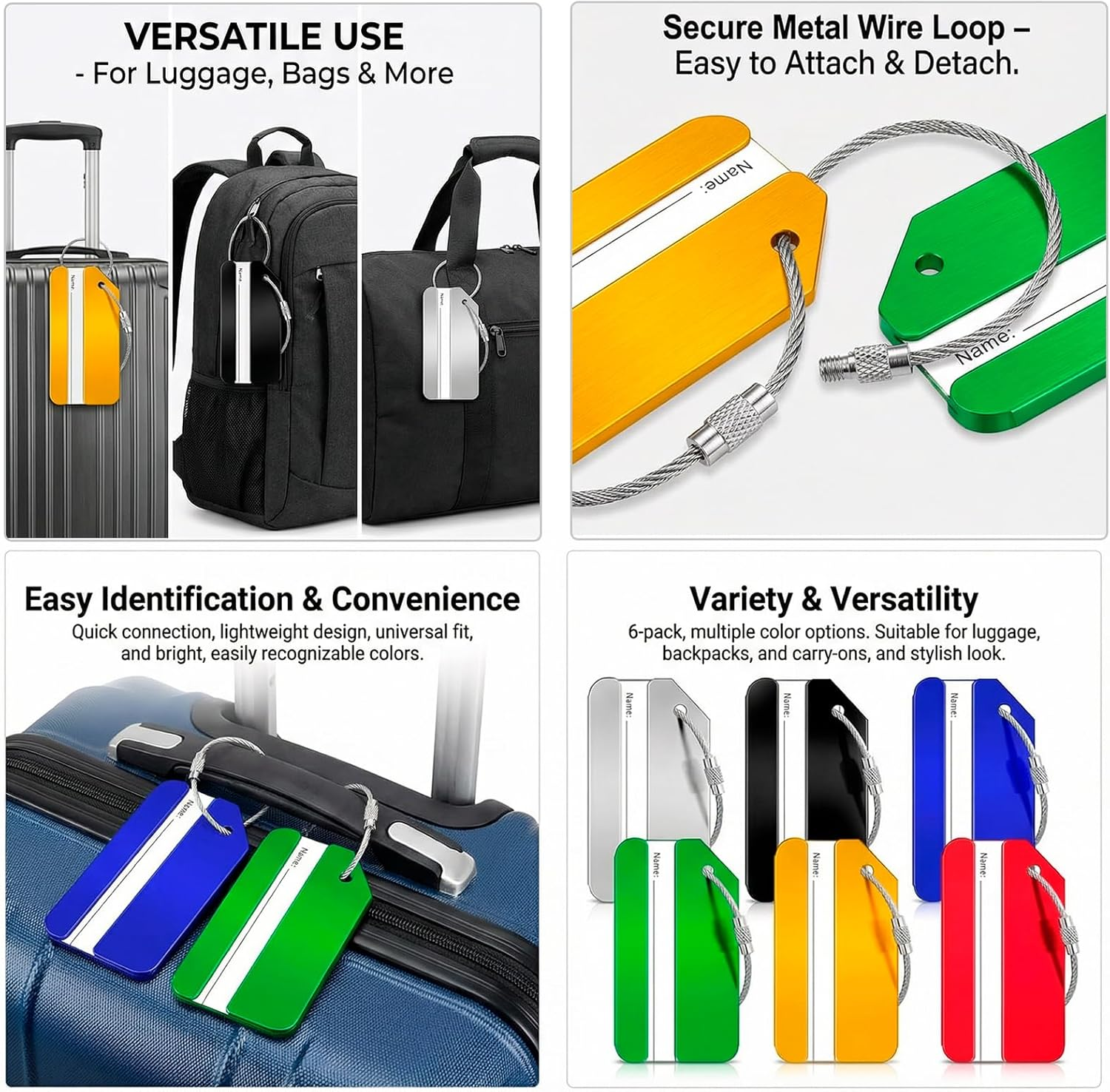 Luzcauwy 6-Pack Aluminum Alloy Luggage Tags, Durable Travel Bag Tags with Privacy ID Card & Stainless Steel Loop, Colorful Suitcase Identification Labels for Checked Baggage & Carry-Ons image number 5