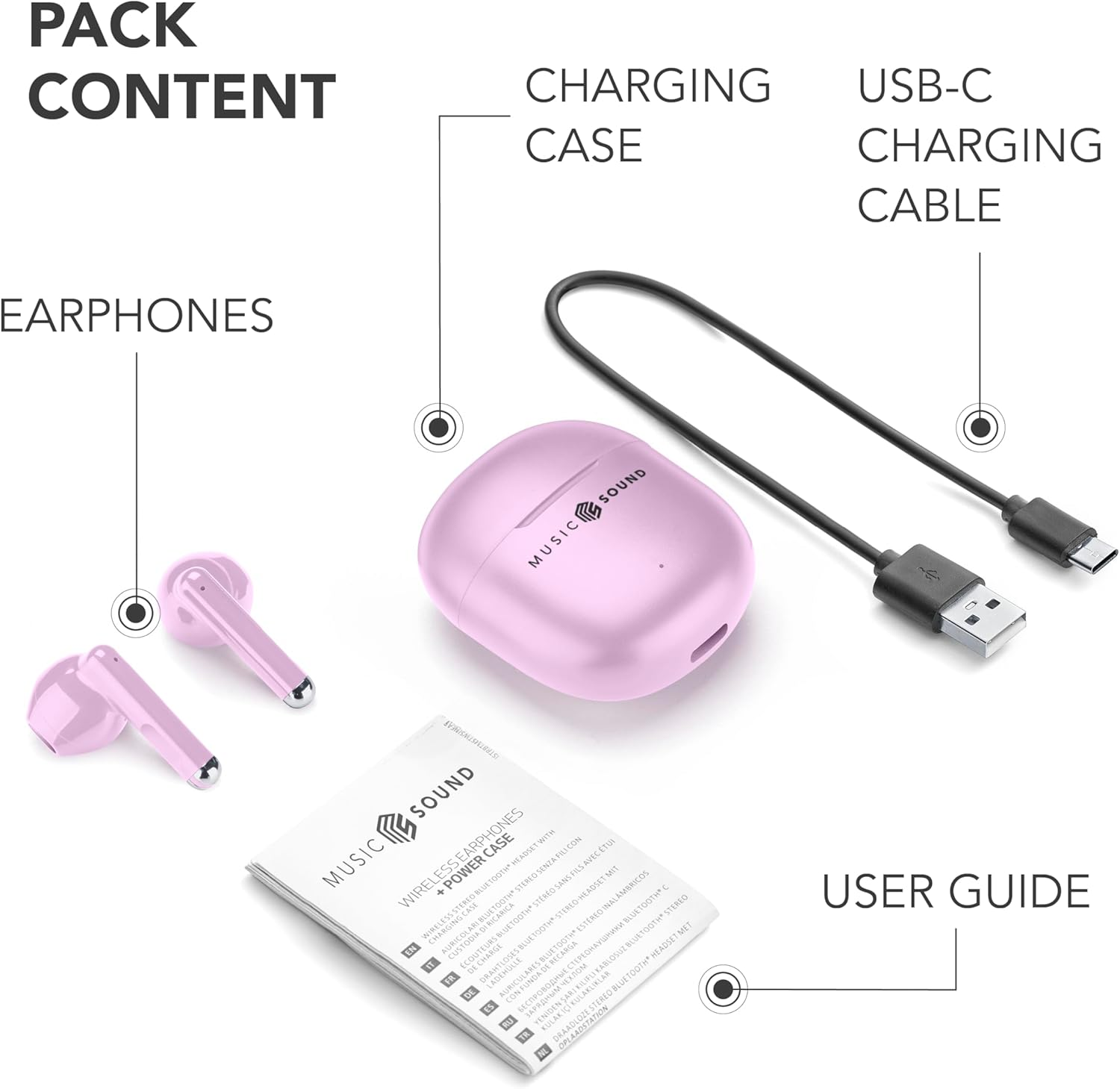 Music Sound - Breeze Wireless Bluetooth Earphones with Coloured Case and Touch Control, up to 20 Hours Playback Time, Automatic Pairing, Capsule Design, Compact and Portable