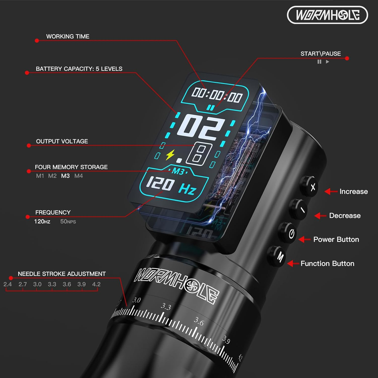 Wormhole Tattoo Gun for Artists Aluminum Alloy 7 Adjustable Stroke Wireless Tattoo Machine with 2300Mah Battery Lightweight Compact Rotary Tattoo Pen Powerful Motor Precision Professional - Black image number 2