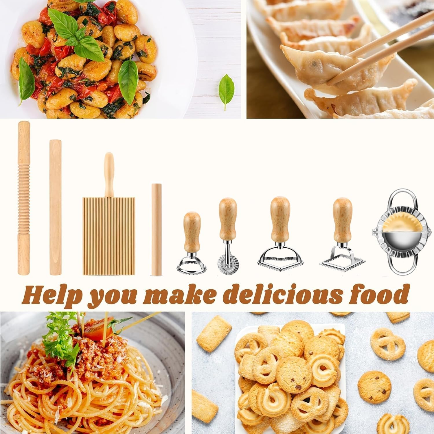 Kitment 9Pcs Pasta Making Tools Set, Pasta Maker, Wood Gnocchi Board, Rolling Pin, Pasta Roller, 4 Ravioli Stamp Maker Cutter, Dumpling Maker, Kitchen DIY Gift