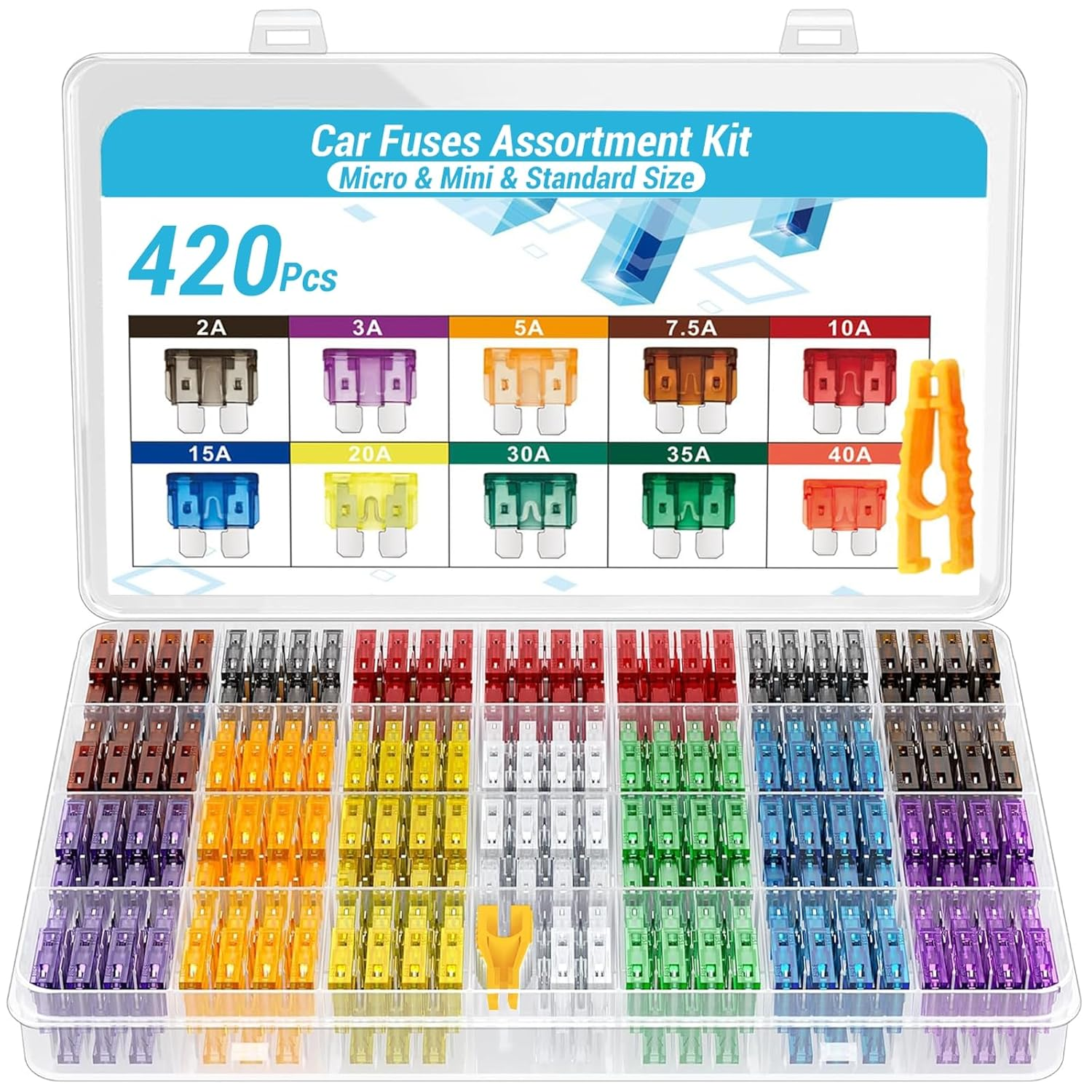 AUSELECT Car Fuses Kit - 420Pcs Automotive Fuse Assortment, Auto Blade Fuse Assorted Set - 2A 3A 5A 7.5A 10A 15A 20A 25A 30A 35A 40A, Replacement Tool for Boat Motorcycle RV Trike SUV Marine Truck