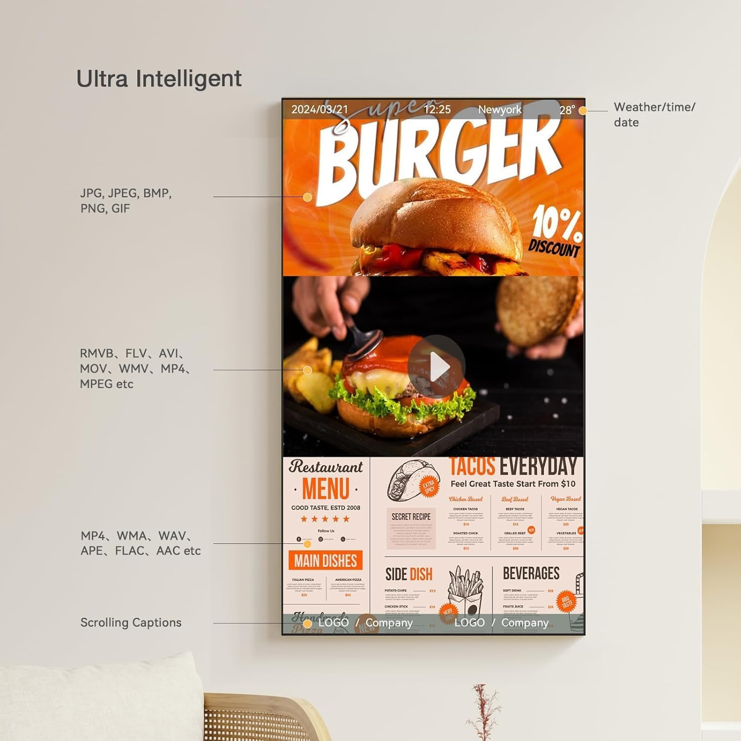 Digital Signage Display, Canlarriz 50 Inch Wall Mount Digital Menu Board for Restaurants and Stores Advertising Screen 1000 Nits Ultra-High Brightness 4K UHD Free Web Content Editor Android 4GB + 64GB image number 6