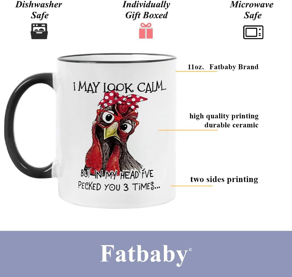 Fatbaby Funny Chicken Rooster Gift Mug for Farmer,Farmhouse Chicken Lover Mug for Women,I May Look Calm but in My Head I'Ve Pecked You 3 Times Ceramic Coffee Cup 11OZ image number 4