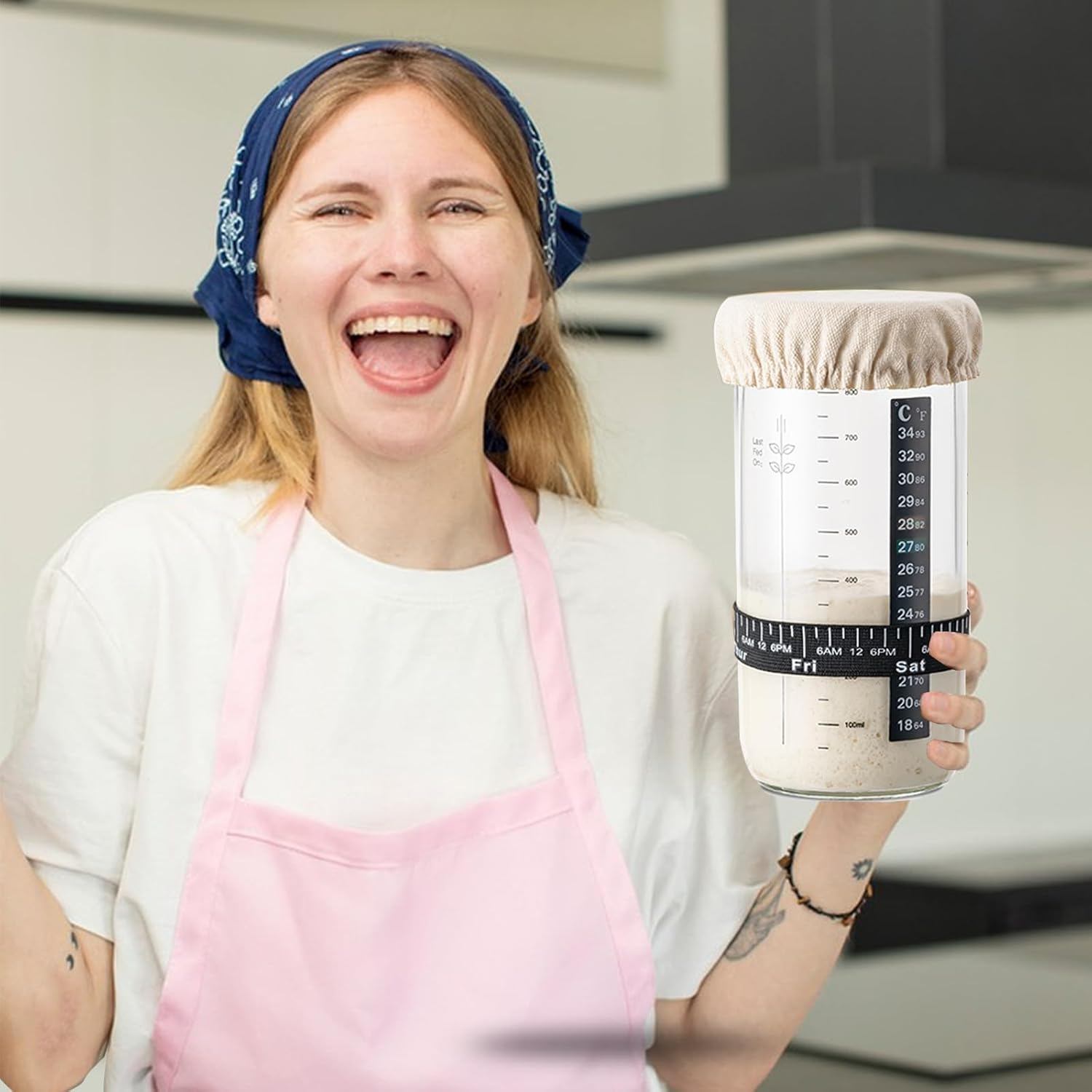 Togemvvs Sourdough Starter Jar, 1000Ml Wide Mouth Glass Sourdough Jar Kit with Measurement Markings, Rubber Scraper, Rubber Band, Cloth Cover, Label Pen, Suitable for Bread Making and Home Baking image number 1