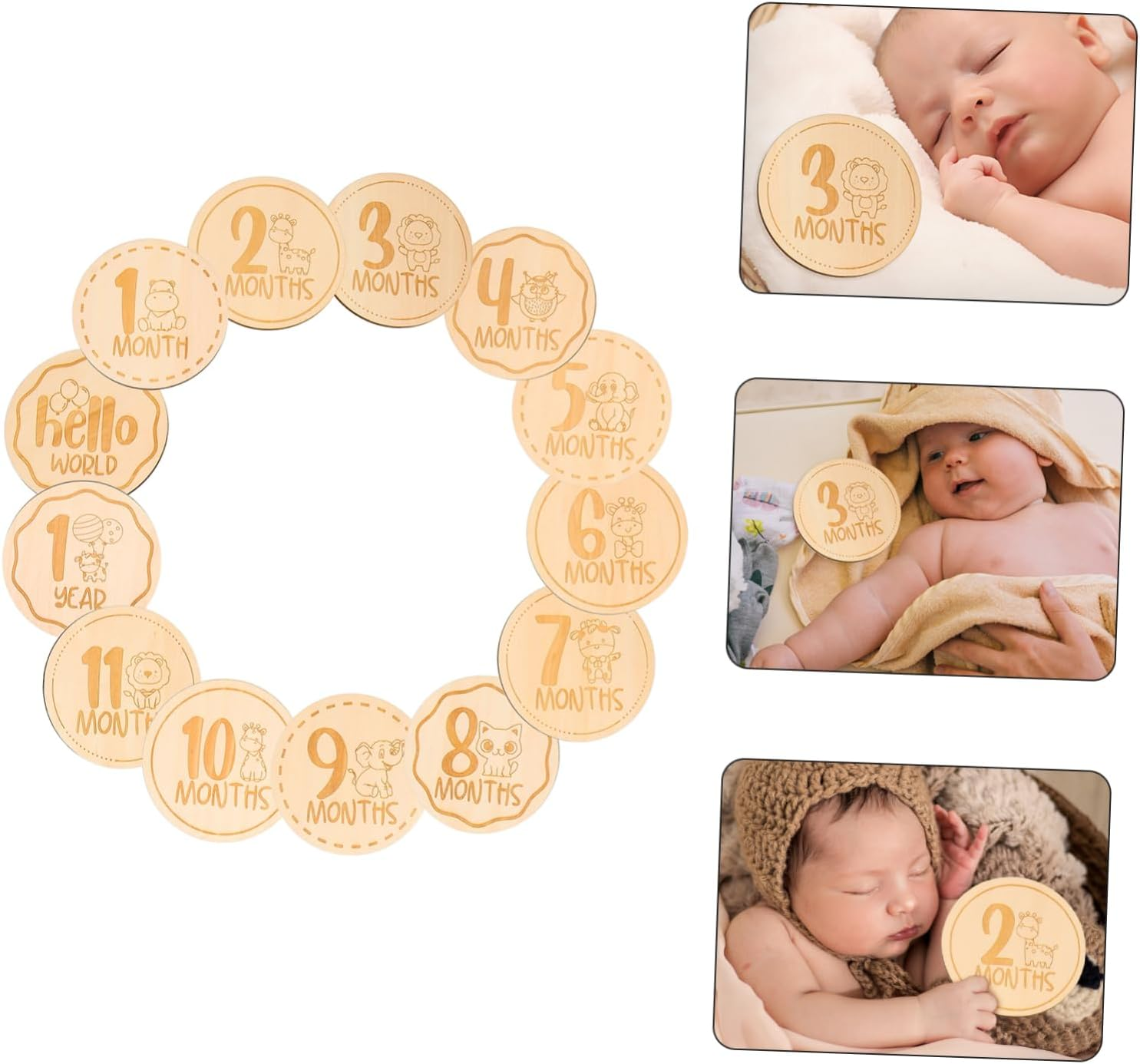 13Pcs Baby Wooden Milestone Cards Cartoon Animal round Growth Photo Props for Infant Newborn Monthly Tracking Accessory Set image number 6