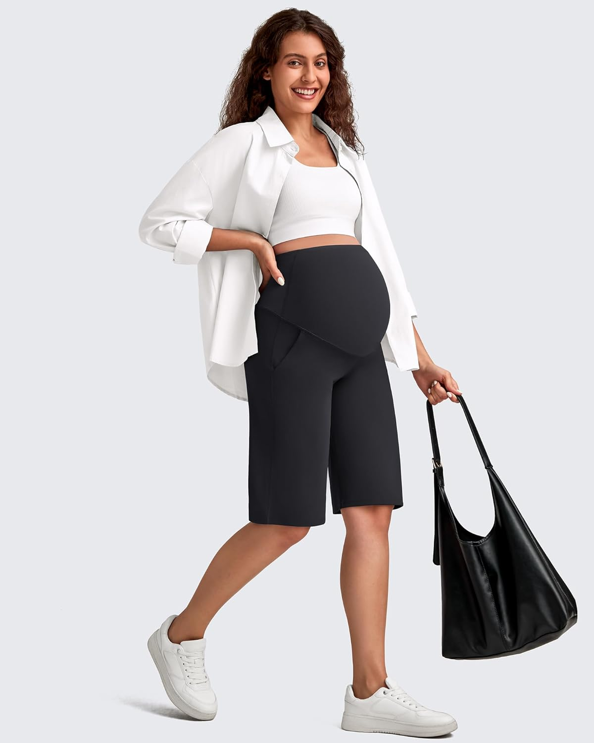 G4Free Maternity Athletic Shorts with Pockets over the Belly Stretchy Workout Pants Pregnancy Wide Leg Bermuda Casual image number 6