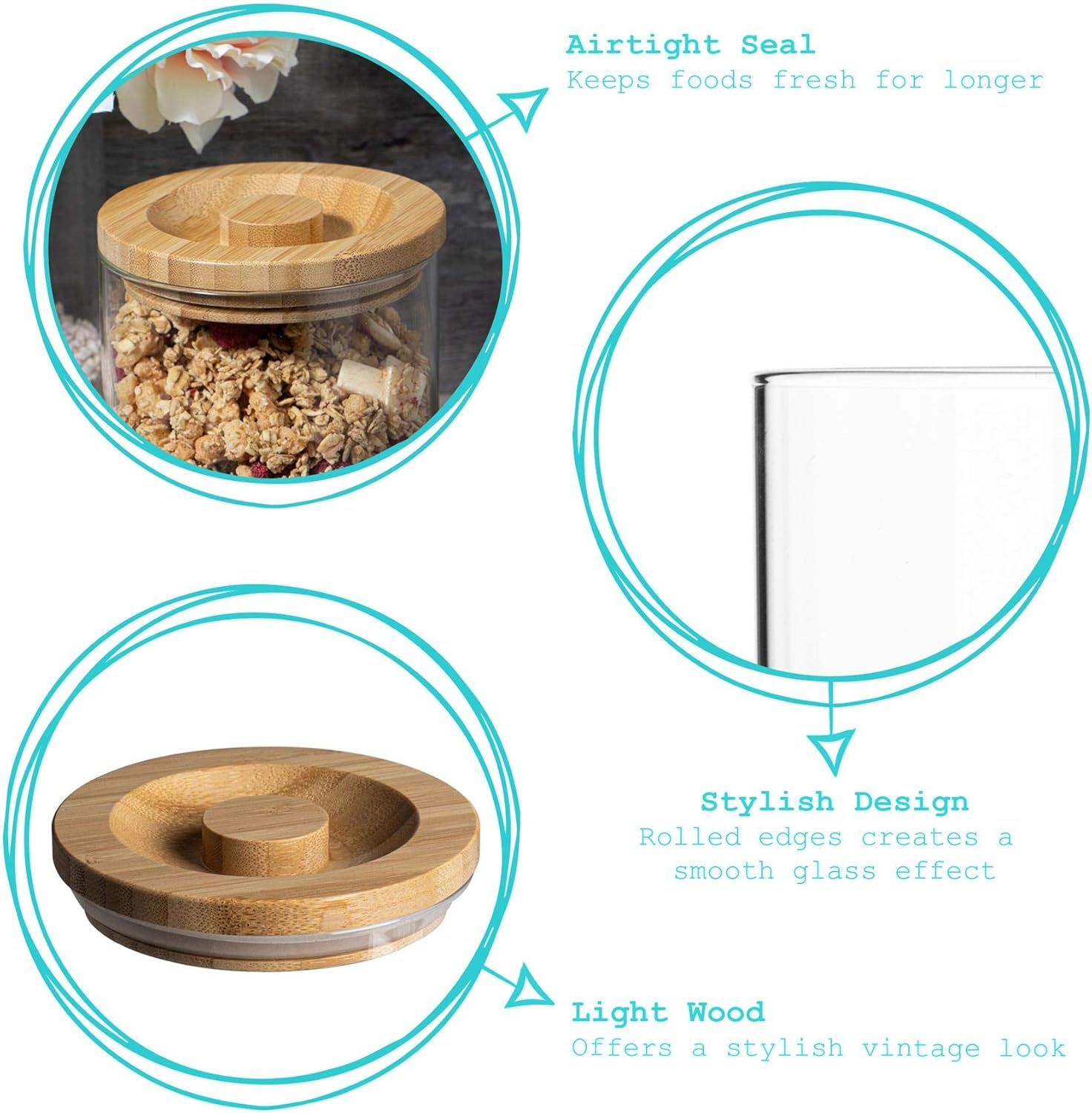 Argon Tableware Scandi Storage Jar with Wooden Lid - 1000Ml - 1 Pack - Modern round Organisation Container Glass Jar for Kitchens, Pantry, Bathrooms, Utility Rooms