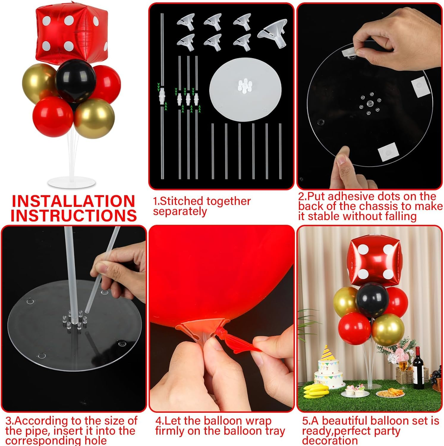 Naozinebi 2 Set Casino Theme Party Balloons Stand Kit with 2 Dice Foil Balloons, Black, Red, White & Gold, Casino Night Party Decoration for Adults, Unisex image number 4