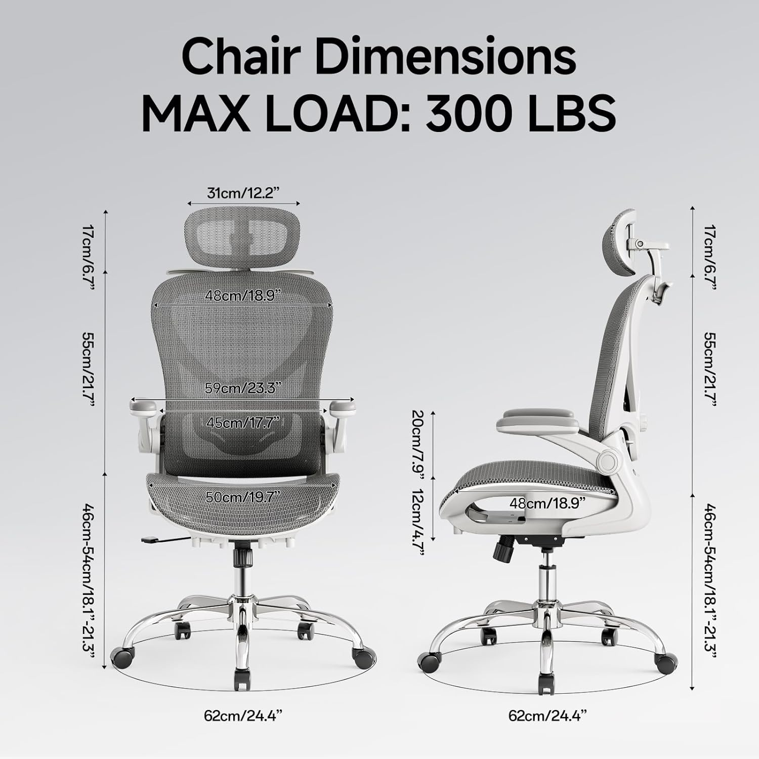 Ergonomic Chair with 3D Headrest, Office Chair with Coat Hanger, Gaming Chair with 2D Lumbar Support & Flip up Arms, Computer Chair Mesh Cushion & Backrest for Office, Study & Meeting, Grey image number 3