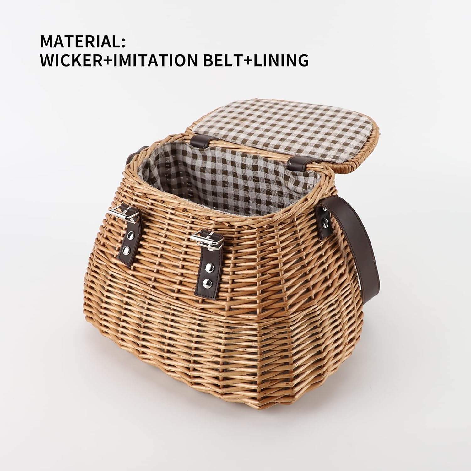 Wicker Picnic Basket, Fishing Creel Basket, Carrying Gift Basket with Lid and Shoulder Strap image number 4