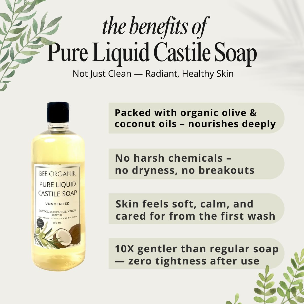 BEE ORGANIK Pure Liquid Castile Soap for Face, Body, Hair | Natural, Organic and Safe | Eco-Friendly and Non-Toxic | Hands and Body | Baby and Pet Safe| 475 Ml image number 1