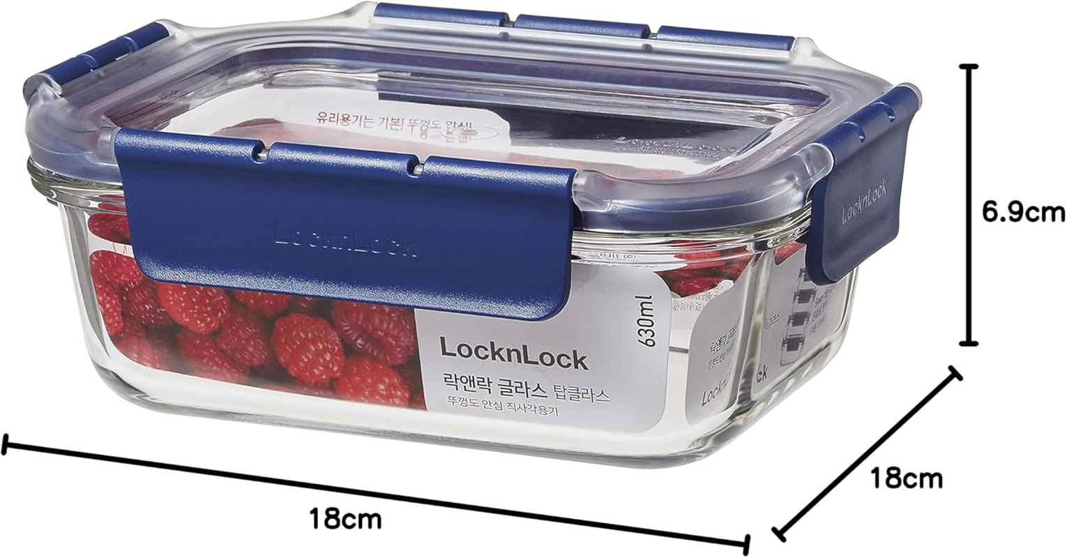 Locknlock Top Class Glass W/ Tritan Lid Rectangular - 630Ml | Durable Borosilicate Glass | Thermal Shock Resistant | Airtight & Leak-Proof | Oven, Microwave & Freezer Safe | 4-Side Locking System