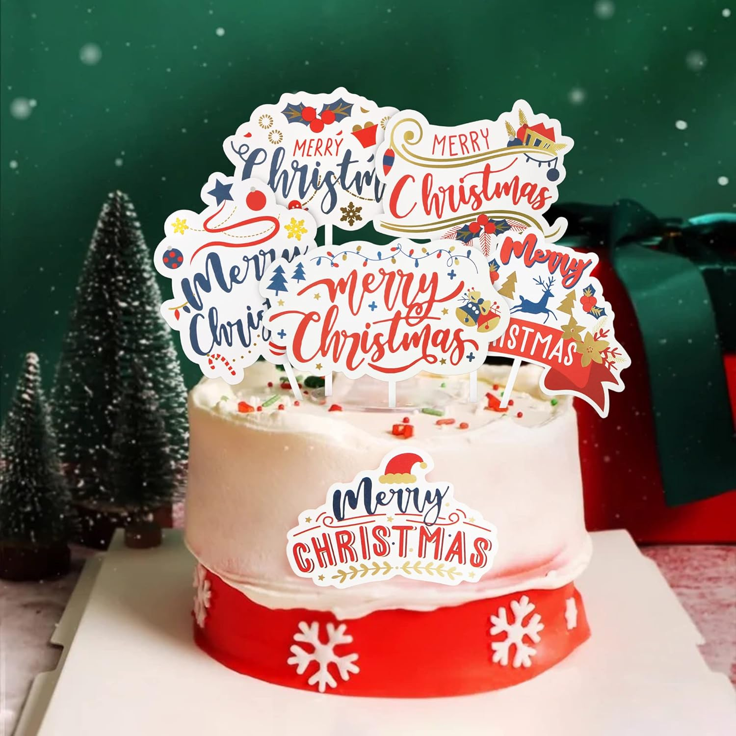 12Pc Red Christmas Cake Toppers Xmas Sweet Holiday Cupcake Toppers for Santa Tree Snowman Sock Candy Theme Party Cake Toppers Christmas Party Supplies image number 3