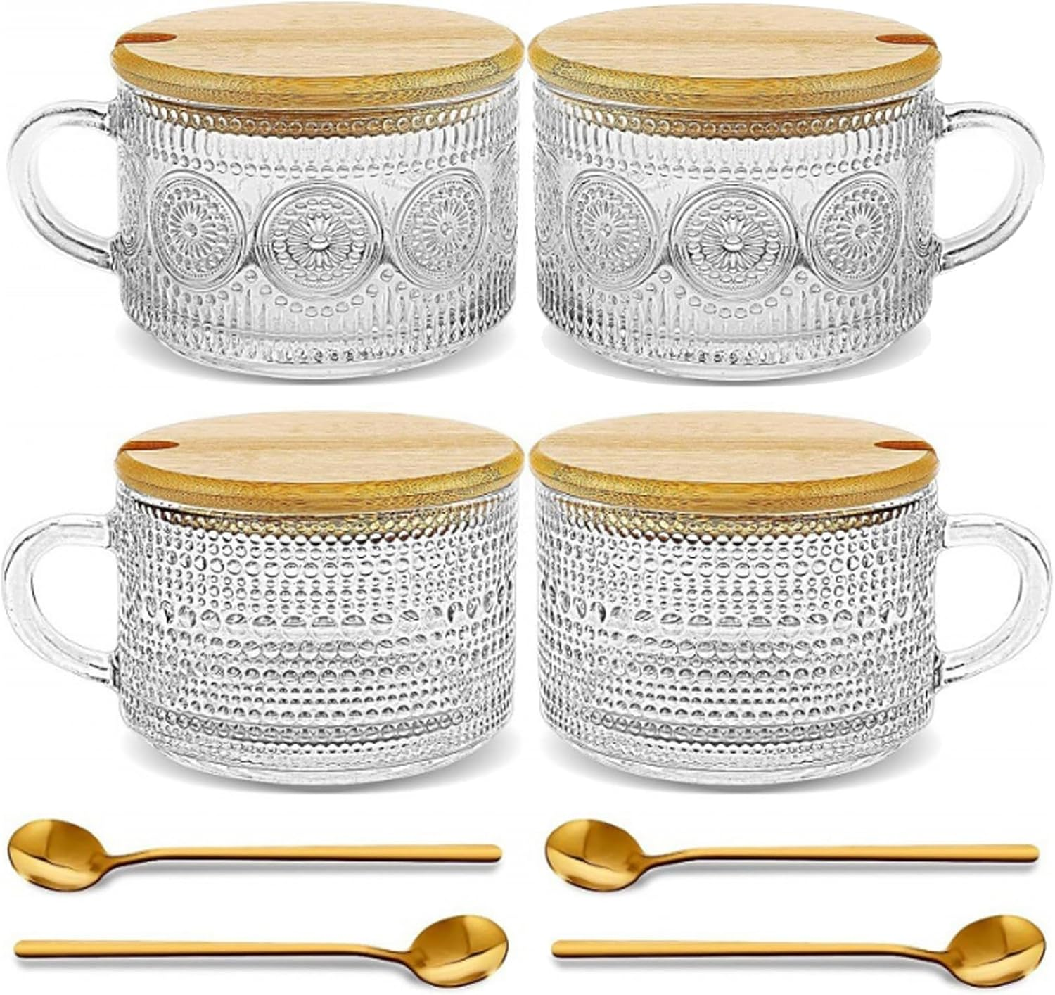 4 Pcs Vintage Coffee Mugs - 450ML Clear Glass Tea Cups with Lids and Spoons - Ideal Iced Coffee Cups for Housewarming Gifts & Coffee Bar Accessories image number 4