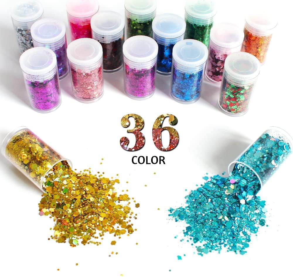 Wesileyern Holographic Chunky Glitter, Set of 36 Colors Craft Glitter Sparkle Sequins, Cosmetic Glitter Flake for Epoxy Resin, Body, Face, Eye, Nail Arts, Slime Making, Wedding Festival Party Decoration image number 3