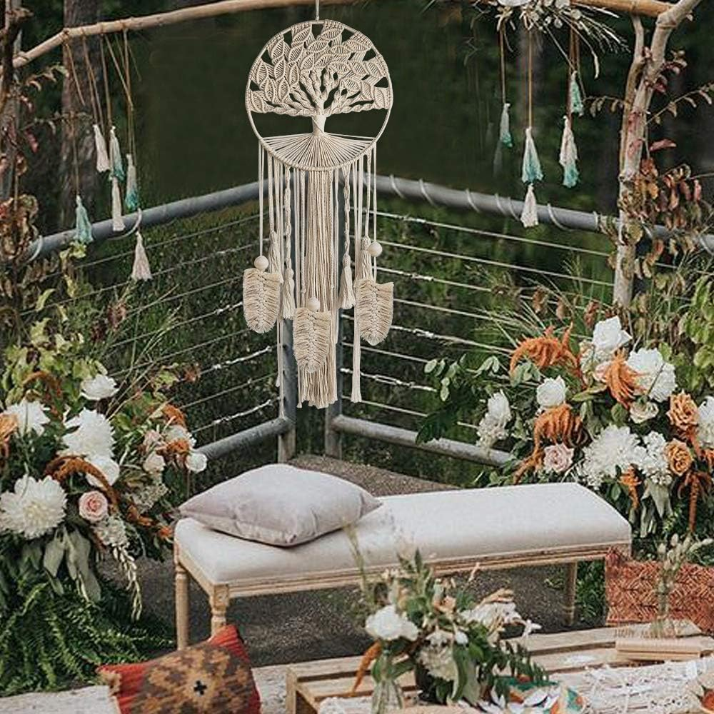 Tree of Life Large Dream Catcher, Boho Macrame Dreamcatcher with Feather Leaf | Large Woven Wall Hanging for Bohemian Wedding, Bedroom, Nursery, Cafe, or Gypsy Decor image number 2