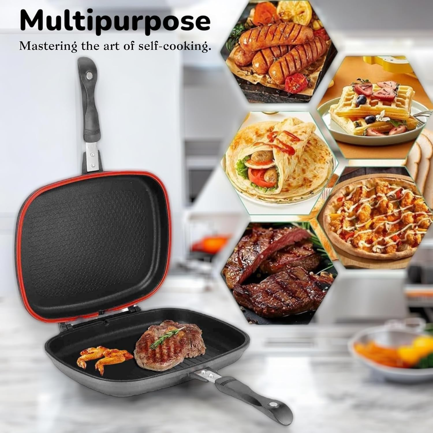 VIVID VIRSA Double Sided Grill Pan, Non Stick Fry Pan, Aluminum Alloy, Indoor Outdoor Grill Pan, Multi Function Frying Pan, Portable, Healthy, Non-Stick Double Sided Pan, Even Heat Distribution Pan. image number 4