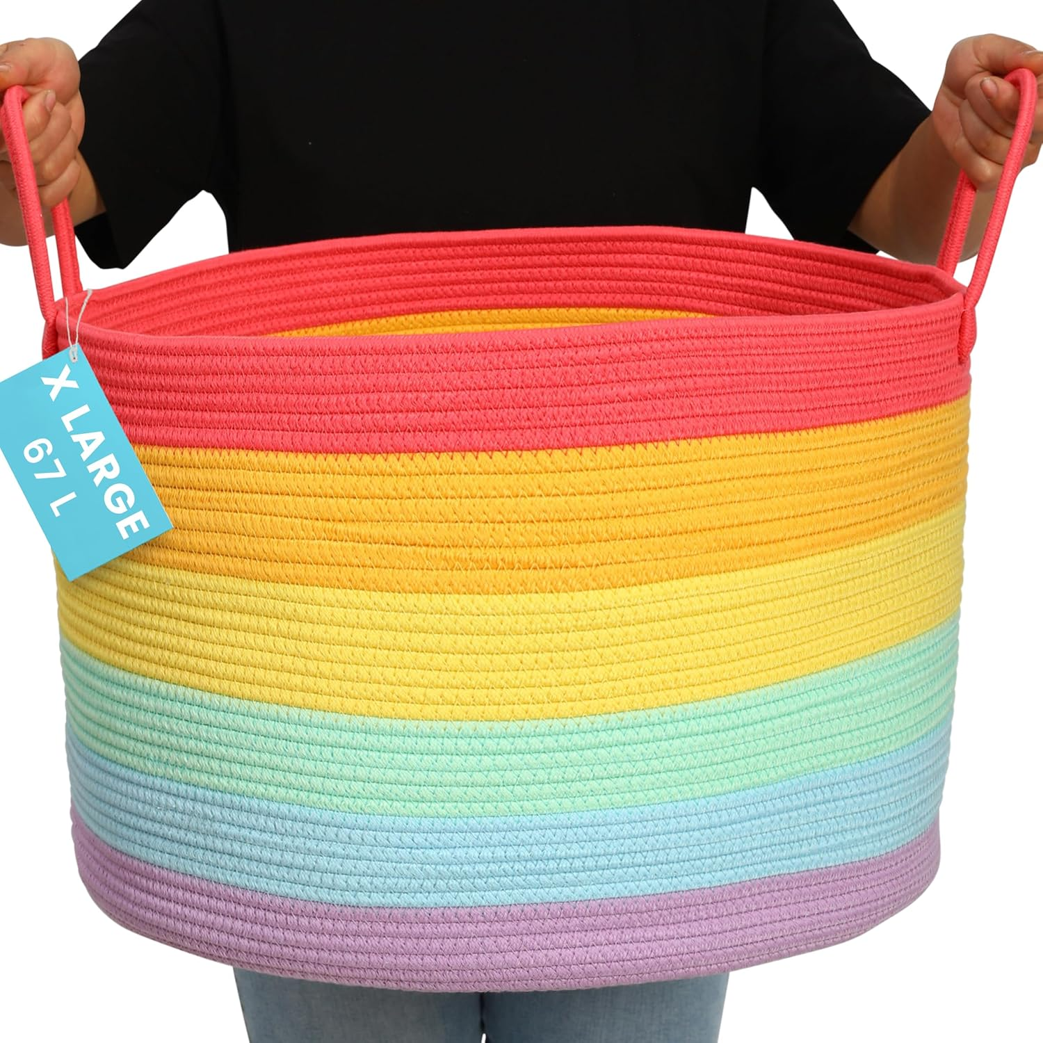 Organihaus Storage Basket for Children'S Room & Living Room, Braided Cotton Basket with Handle, Laundry Hamper for Blankets, Toys, Clothes, Foldable & Stable - 50 X 33 Cm, Rainbow image number 6