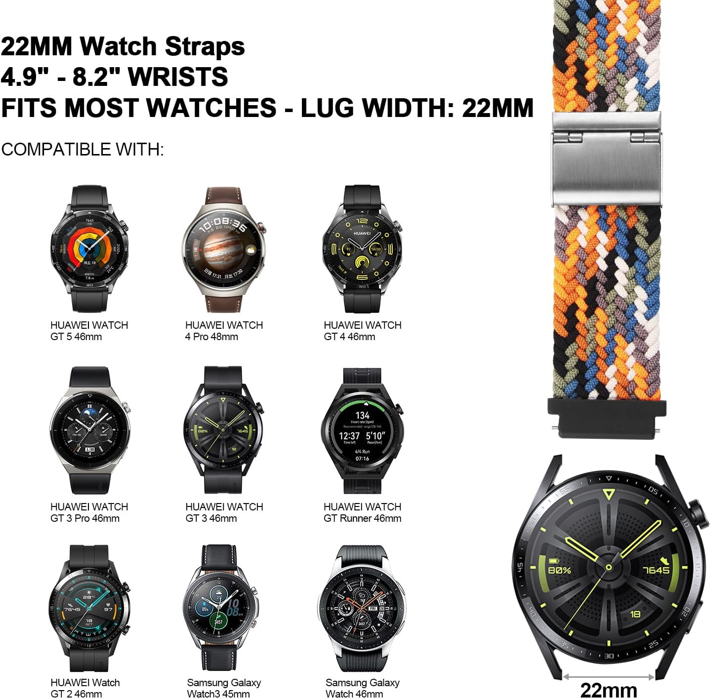 XMUXI Compatible with Samsung Galaxy Watch 3 45Mm Straps Braided Nylon Band, GT 5 GT 4 46Mm Strap, Amazfi GTR 4 GTR 3 Pro Woven Cloth 22Mm Bands Adjustable Elastic Band(Not Include Watch) image number 6