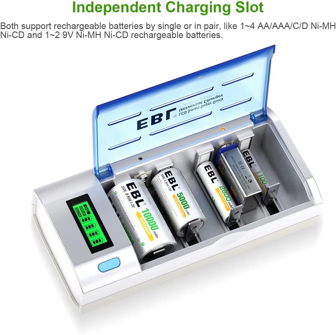 EBL C Cells Rechargeable Batteries 4 Pack with Smart Battery Charger for C D 9V AA AAA Ni-Mh Rechargeable Batteries