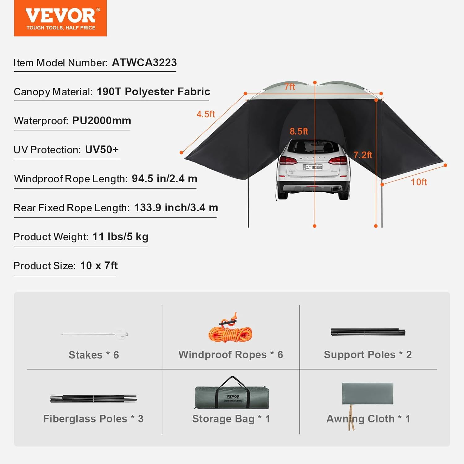 VEVOR Awning Caravan 3 X 2.1 M Sun Canopy Motorhome UV50+ UV Protection Awning 190-T Polyester Fabric Awning PU2000 Mm Waterproof Includes Portable Bag Ideal for Camping Family Reunion Trips image number 5