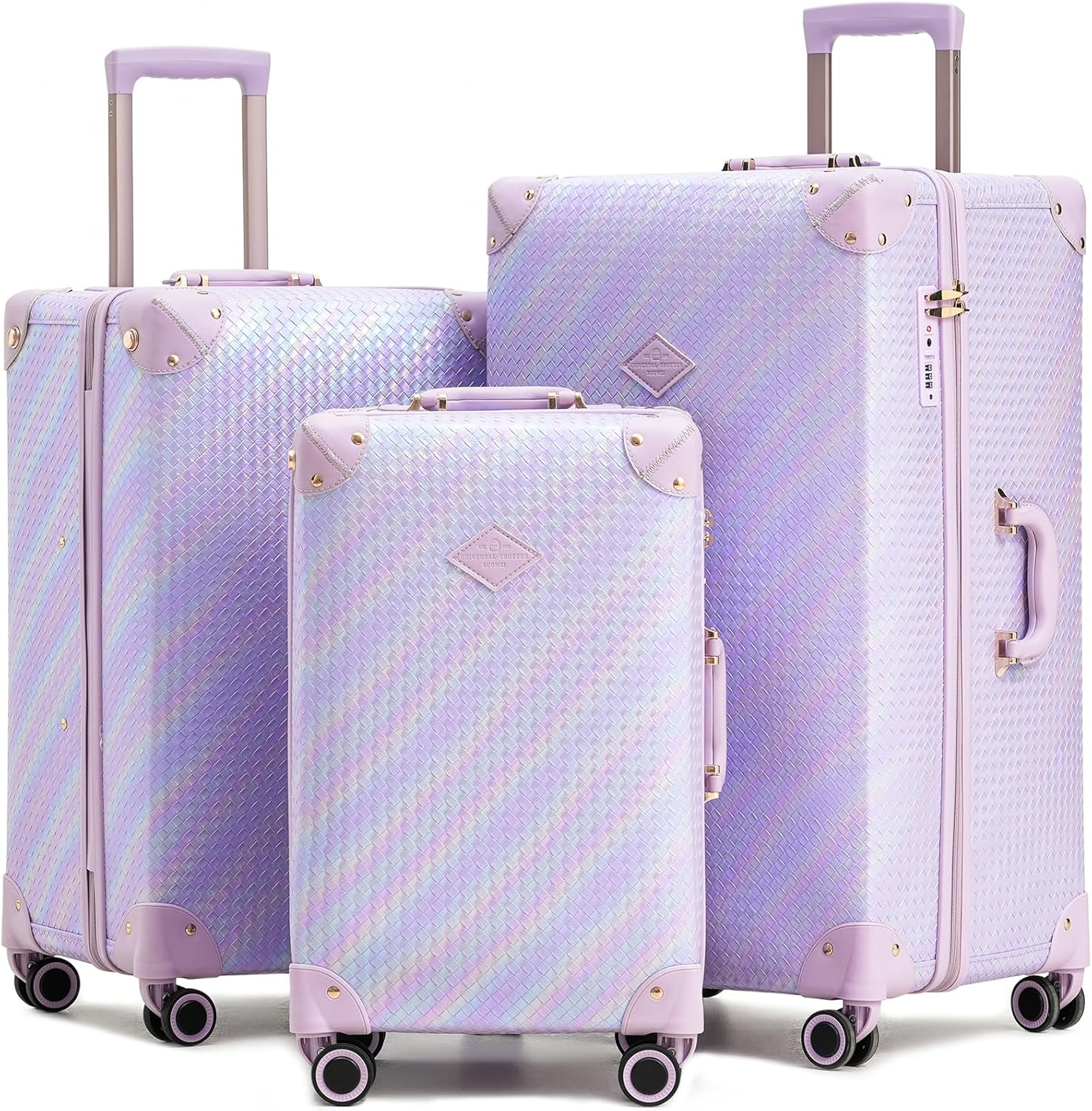 Universal Trotter 3-Piece High-Capacity Lightweight Vintage PU Leather Hardshell Luggage Set (20/24/28 Carry-On & Checked), Water-Resistant PU Trunk Style, 360&deg; Spinner Wheels, Woven Caramel, 20''+24