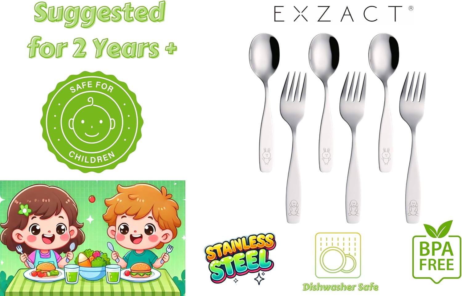 Exzact Children'S Cutlery Stainless Steel 6Pcs/ Kids Fork and Spoon Set/Toddler Flatware - 3 X Forks, 3 X Dinner Spoons - Dog & Bunny Engraved - Silver image number 6