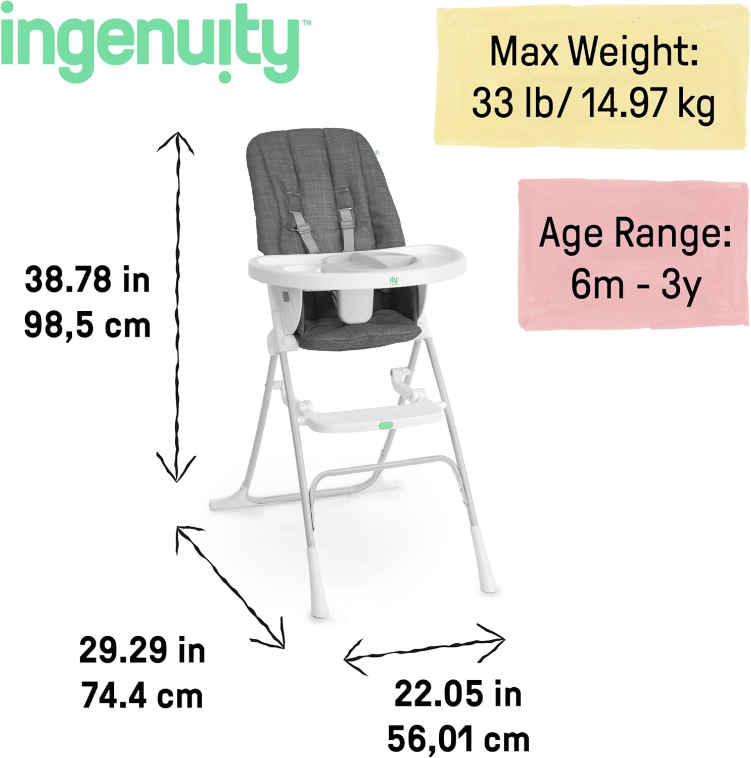 Ingenuity: Ity by Ingenuity Sun Valley Compact Folding High Chair, Food-Grade Safe Plate, Safety Harness, for Ages 6 Months and Up, Unisex - Grey image number 5