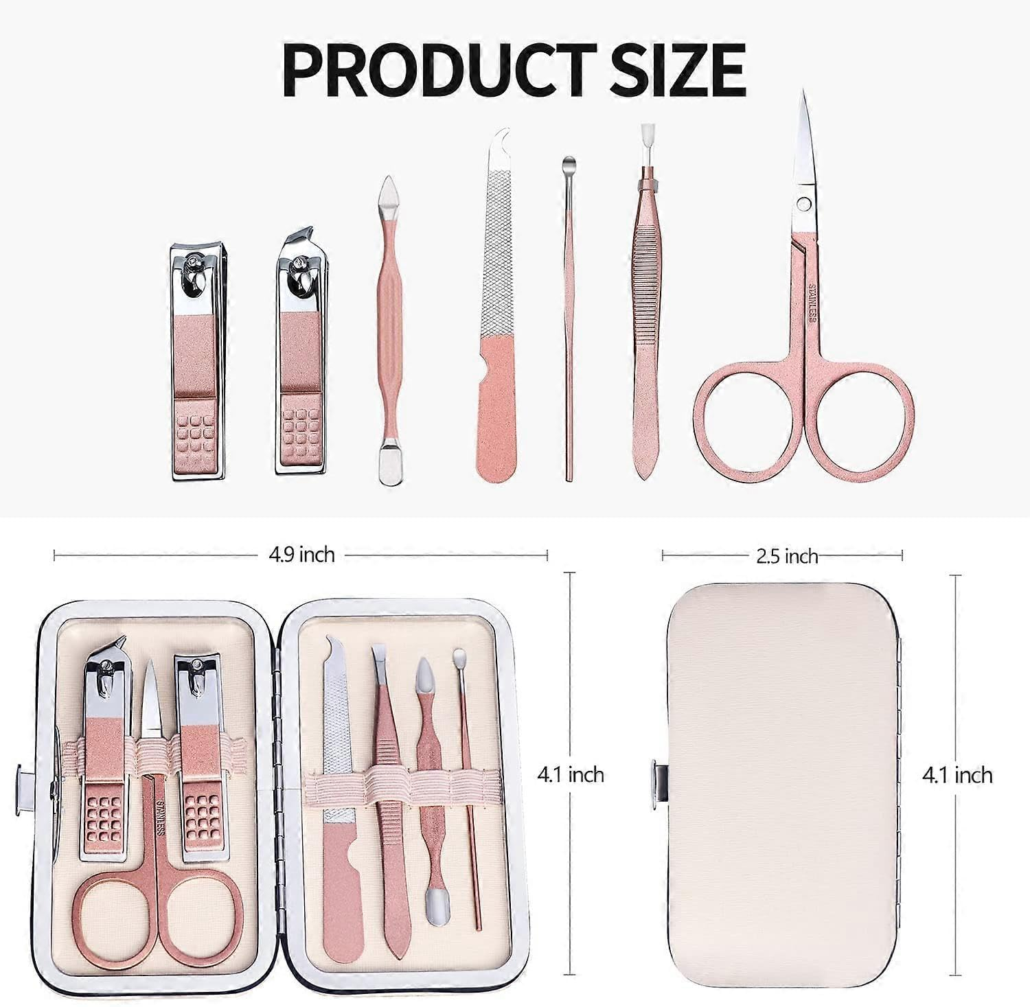 7 Piece Manicure Set, Nail Clipper Set, Manicure Pedicure Kit Stainless Steel Eyebrow Trimmer, Tweezers, Nail File, Cuticle Pusher, Nail Clippers in Pink PU Leather Case - Travel Kit & Home Use
