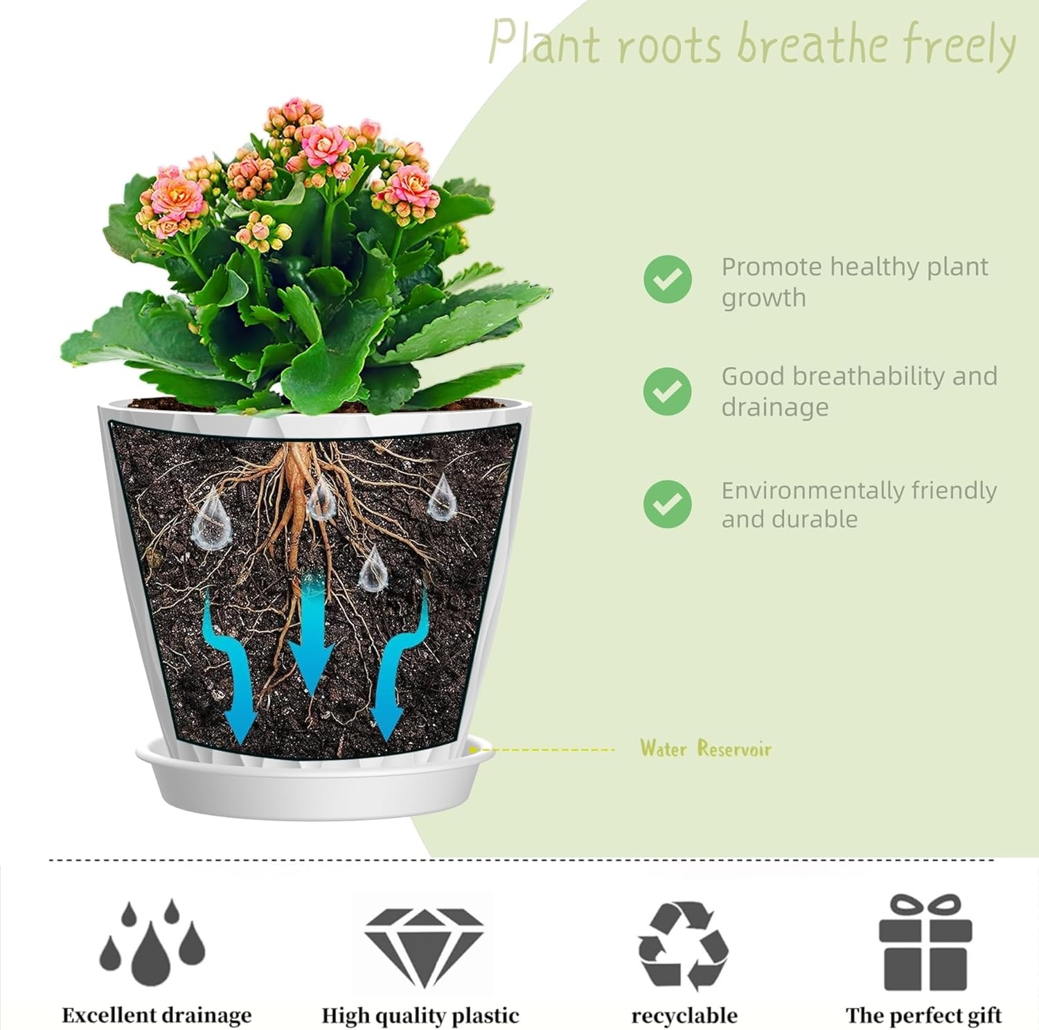 Plant Pots with Drainage 6 Inches Home Decor Flower Pots for Indoor Planter Pack of 6 Plastic Planters for Indoor Plants, Cactus, Succulents Pot - White