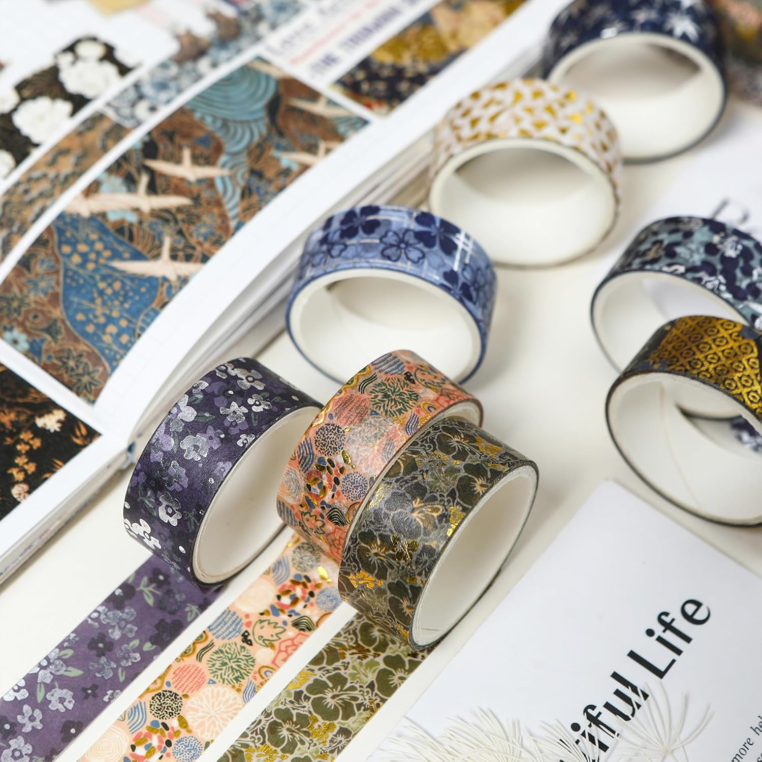 Songdao 10 Rolls Sakura Washi Tape Set Japanese Arts Adhesive Tapes Gold Silver Foil Decorative Masking Tape Sets for Craft, Kids, Scrapbook, DIY, Gift Wrapping (Golden Kimono) - Golden Kimono image number 6