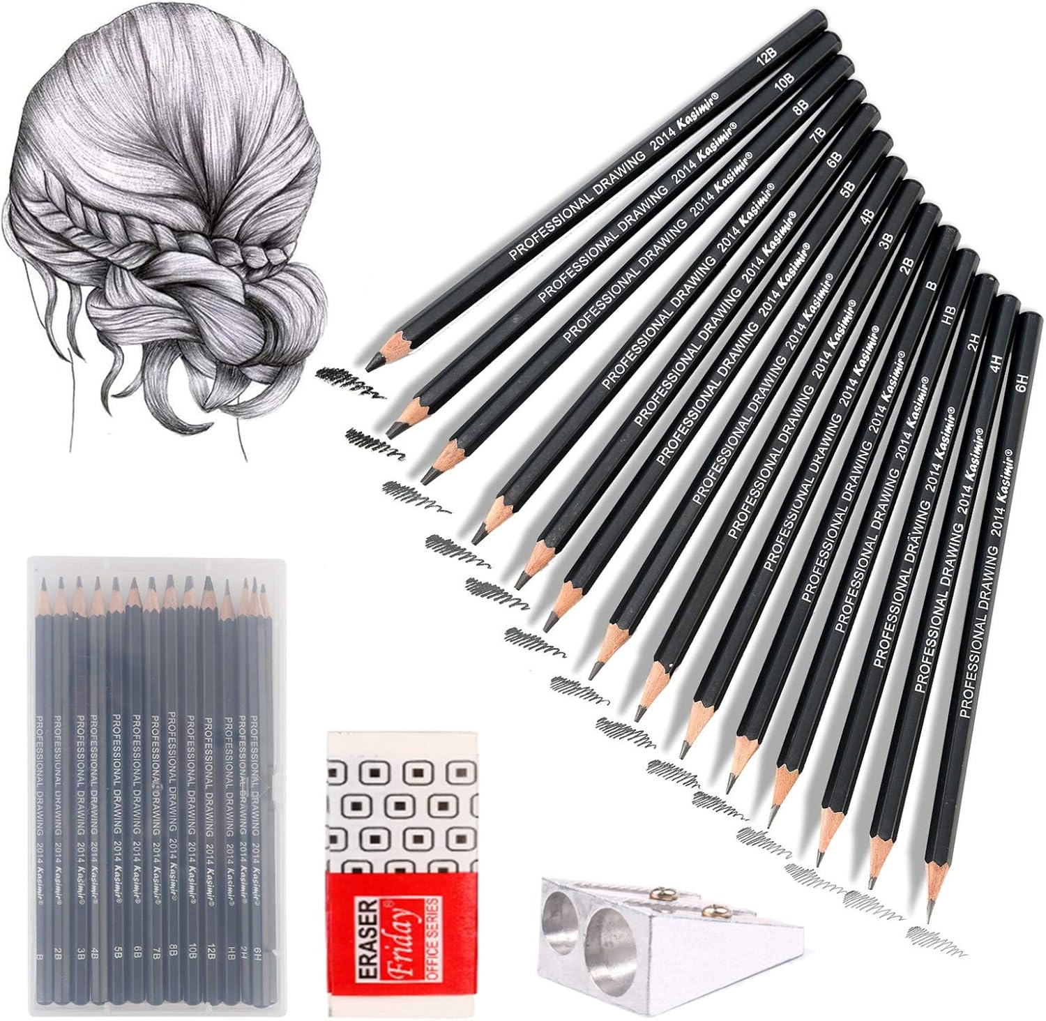 NASHRIO Professional Kids & Adults Drawing Sketching Pencil Set, 14 Pcs Art Pencils,12B 10B 8B 7B 6B 5B 4B 3B 2B B HB 2H 4H 6H Artist Pencils, Pencil Set with Pencil Case, Pencil Sharpener and Eraser. image number 2