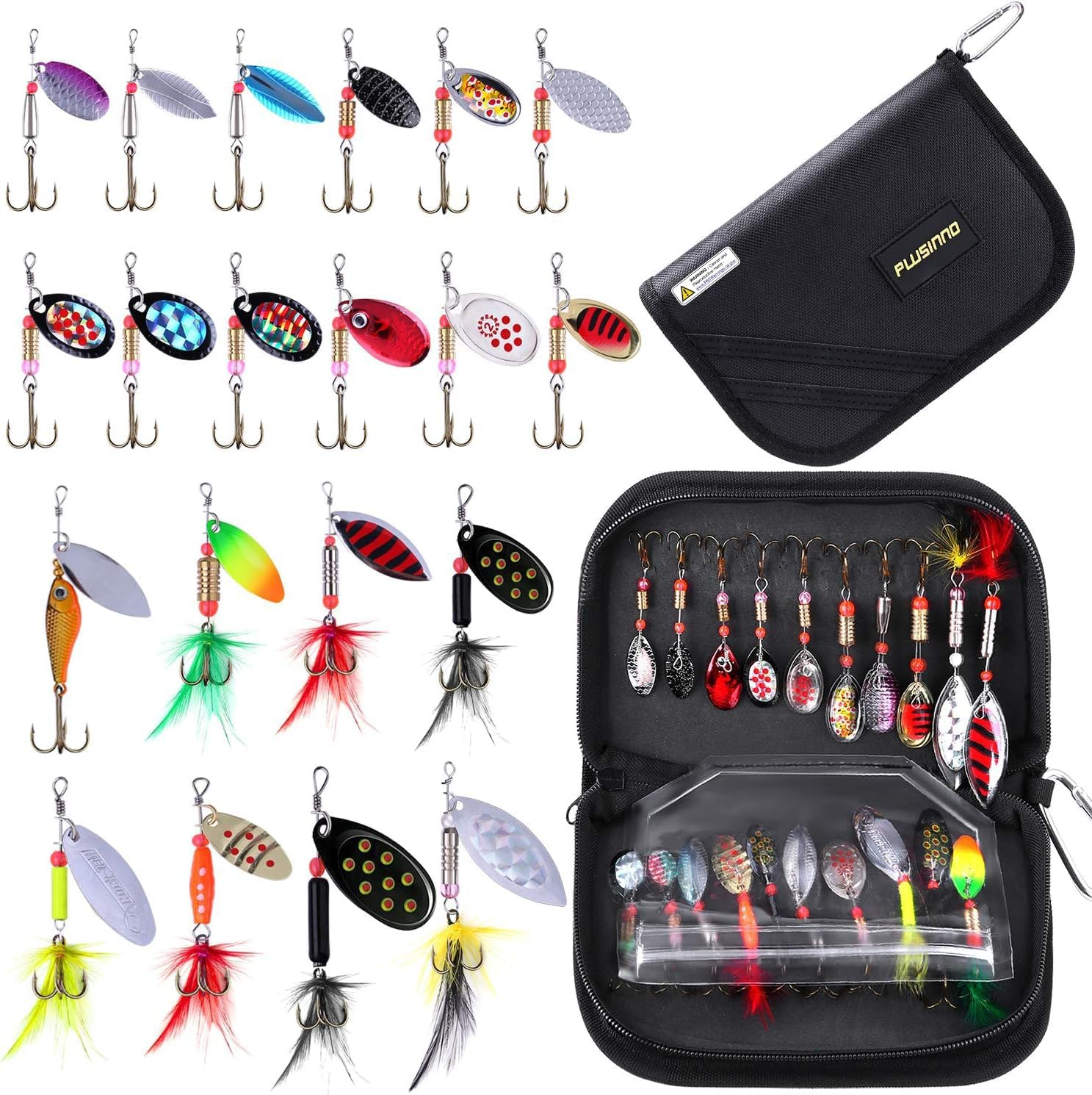 PLUSINNO Fishing Lures for Bass 16Pcs Spinner Lures with Portable Carry Bag,Bass Lures Trout Lures Hard Metal Spinner Baits Kit