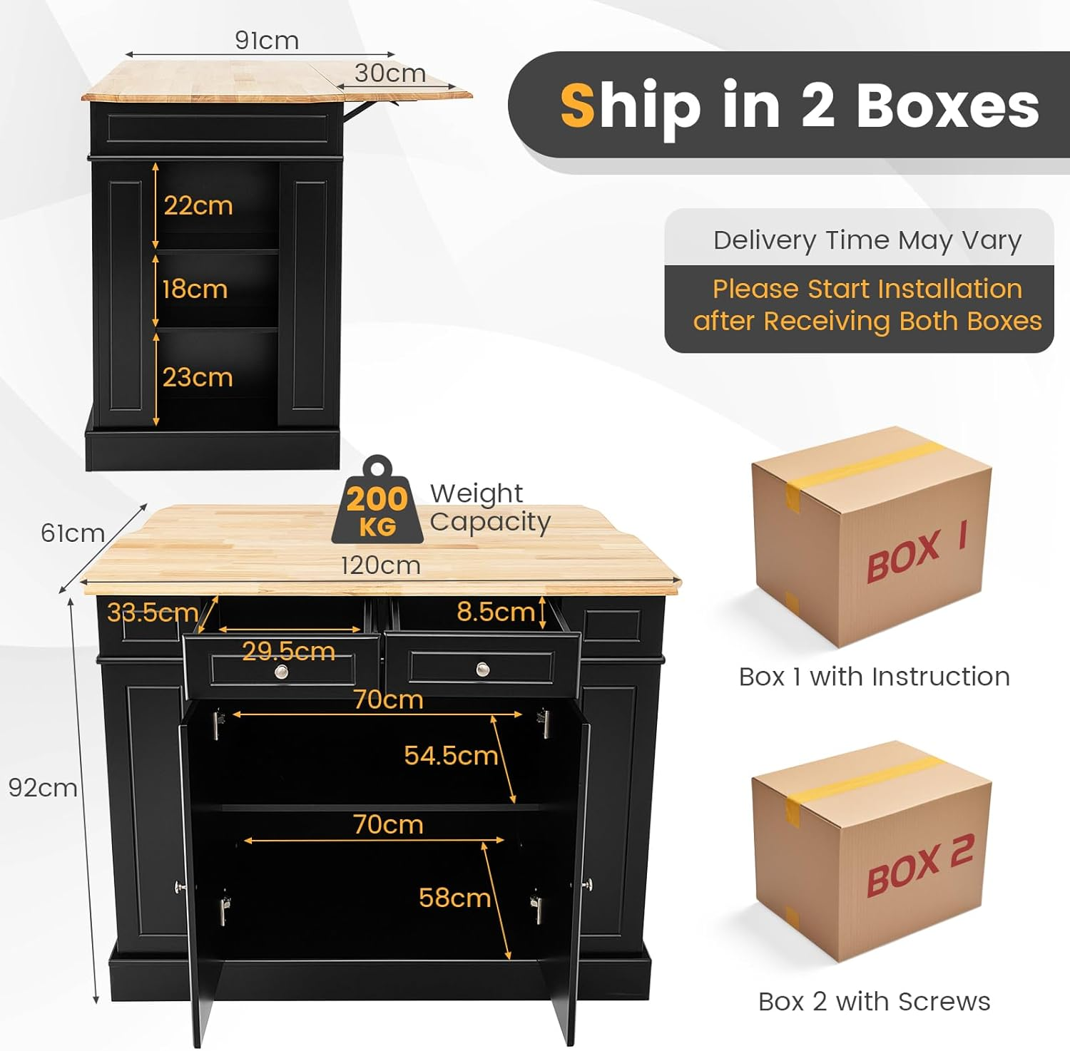 Giantex Kitchen Island Table with Storage, Drop Leaf Rubber Wood Countertop, Drawers, Side Racks, 2-Door Cabinet, 3-Level Adjustable Shelves (Black) image number 5