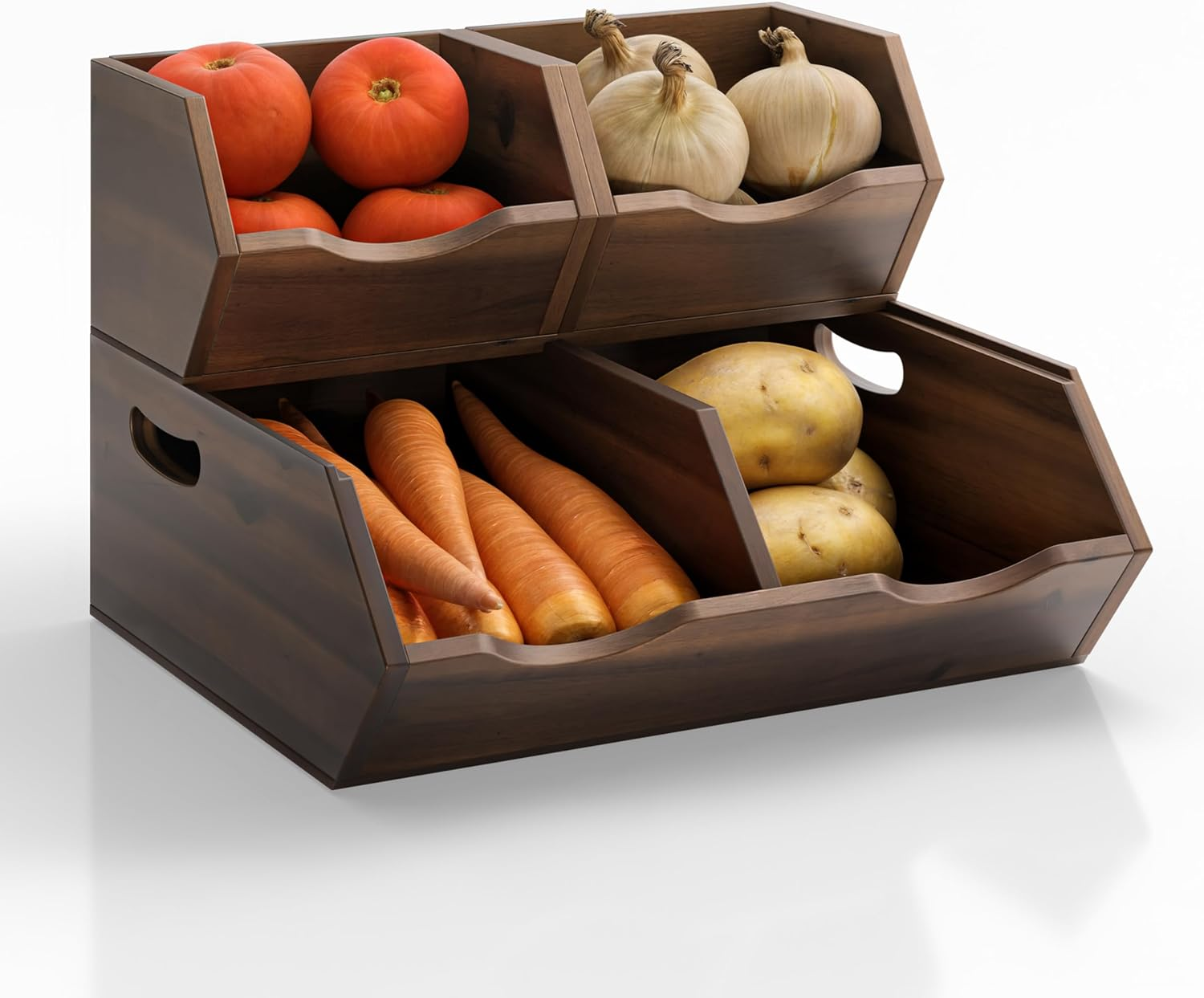 HOLANA Onion and Potato Storage Bins - Acacia Wood Pantry Baskets Organization and Storage - Wooden Stackable Baskets for Bread, Fruit, Vegetable - Onion Basket for Kitchen Counter (Patent Pending)
