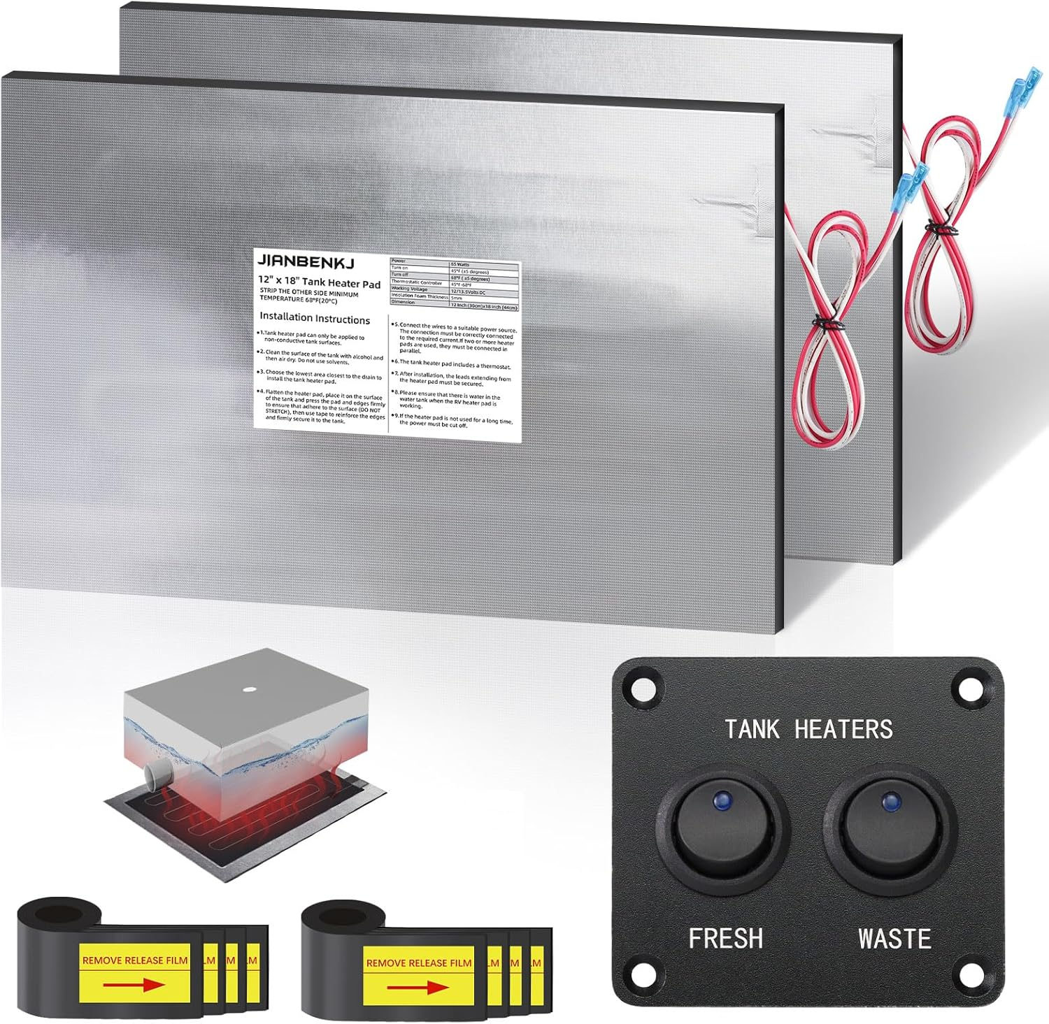 RV Holding Tank Heater Pad with Automatic Thermostat&Switch, 2PCS 12/13.5V RV Tank Heater Pad 12"X18" for Camper/Trailer/Motorhome/Marine,Use with up to 50 Gallons Grey Fresh Black Water image number 2