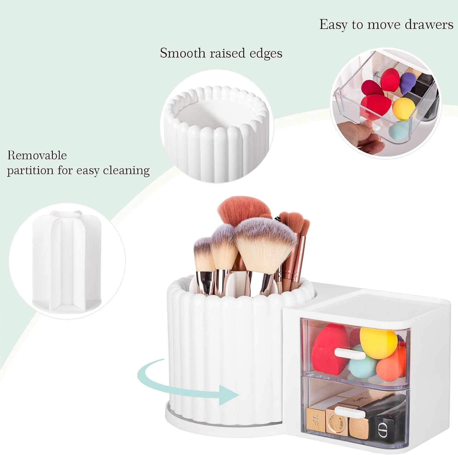 Makeup Organizer Countertop,360 Rotating Makeup Brush Holder 7 Slots Makeup Organizer with Drawer Removable Spinning Cosmetic Storage Pen Holder for Vanity, Dresser, Desk,9.25X5.11Inch,White image number 3