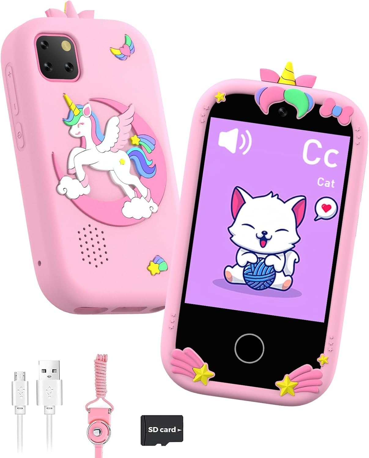 ZONEY Kids Smart Phone Toys, Christmas Birthday Gifts for Girls Age 4-10, Kids Educational Phone, 2.8" Touchscreen Toddler Learning Play Toy Phone with Dual Camera, Game, Music Player, 32GB Card, Pink