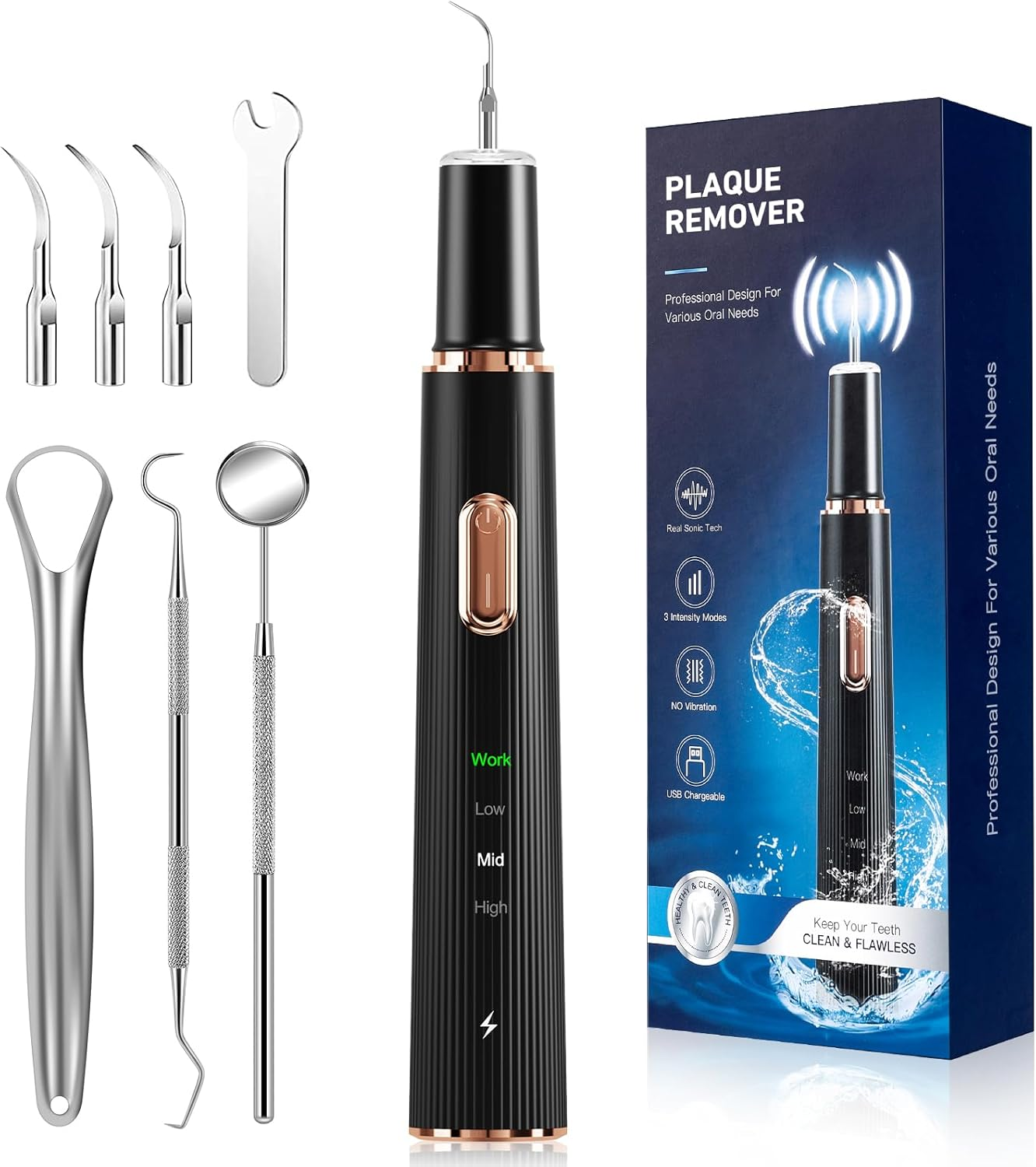 Plaque Remover for Teeth - Tartar Remover for Teeth 3 Modes and 4 Replaceable Heads, Plaque Remover Rechargeable with Mirror image number 1