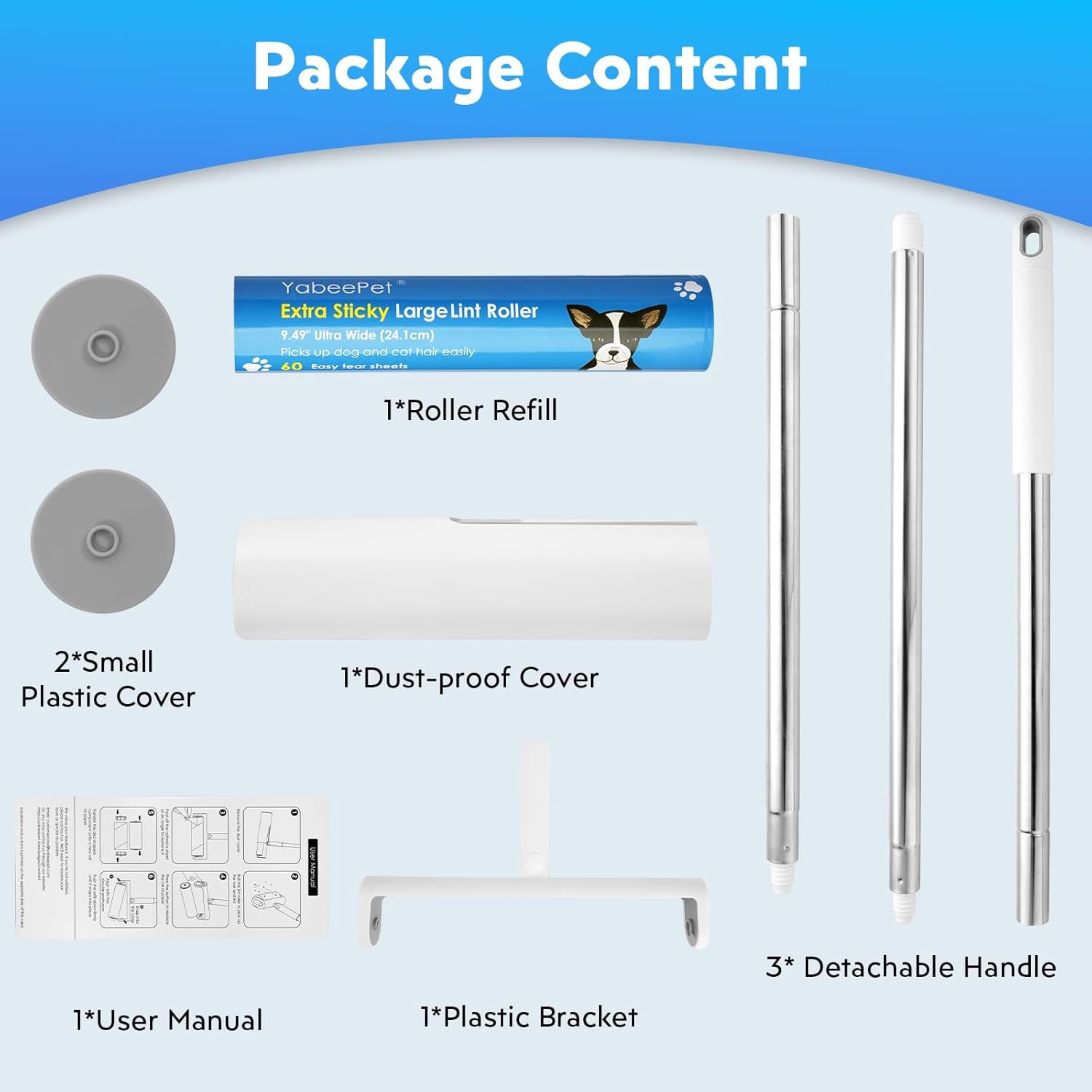 Large Lint Rollers for Carpet and Floor, 24.1Cm Extra Sticky Rollers with 127Cm Long Handle for Carpets, Couch, Floor, Clothing, and Pet Hair Cleaning(1 Roller)