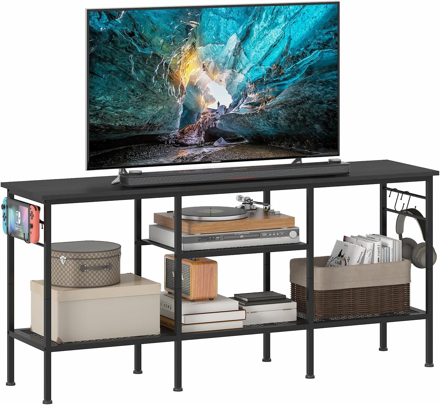 Advwin TV Unit Cabinet 140Cm with 16-Color RGB LED & Charging Station, TV Stand with 5 Storage Drawers & Open Shelf, Entertainment Center for Living Room, Bedroom, Black