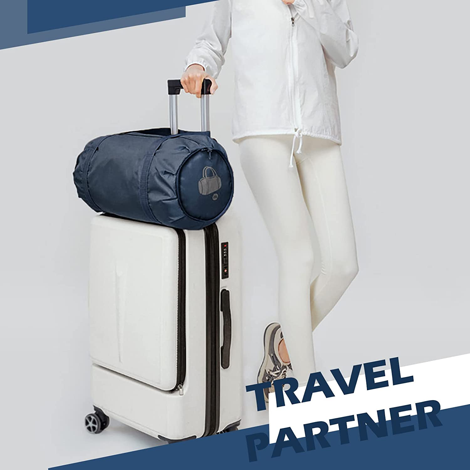 Foldable Sports Gym Bag with Wet Dry Pocket, Ultralight Travel Bag, Large Capacity Duffel Bag, Splash Proof Carry on Bag, Overnight Bag, Weekender Bag for Travel, Beach (Blue) - Black image number 6