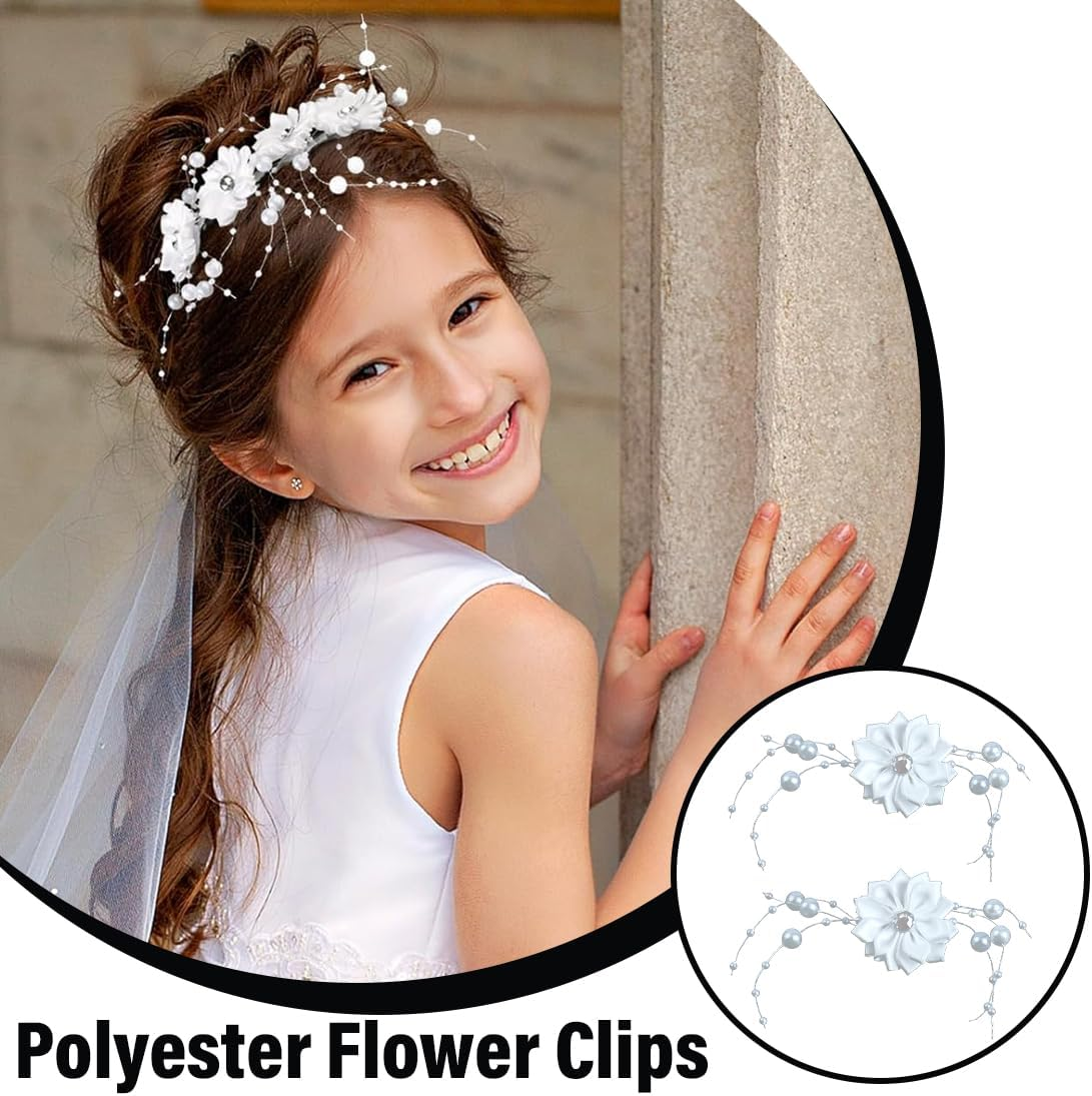 MIRKUZI Hair Clips Pack of 4 Girls Hair Pins, Communion Hair Accessories, White Flowers, Wedding Hair Pins, Princess Flower Girl Tiara, Hair Pins with Beads, Christening Flowers, Confirmation Flowers image number 4