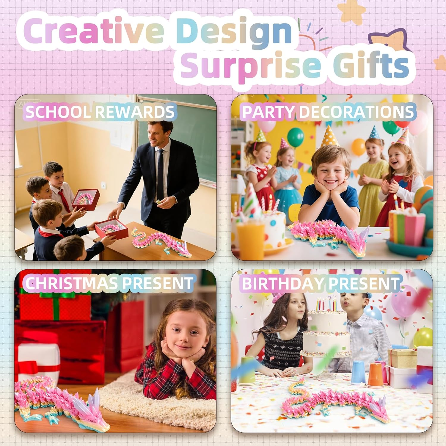 3D Printed Dragon - 24 Inch Fidget Toy, Large Crystal Articulated Dragon, 3D Printed Gift for Birthday, Figurine Decor, Desk Pet(Candy Rainbow) - Rainbow-M image number 2