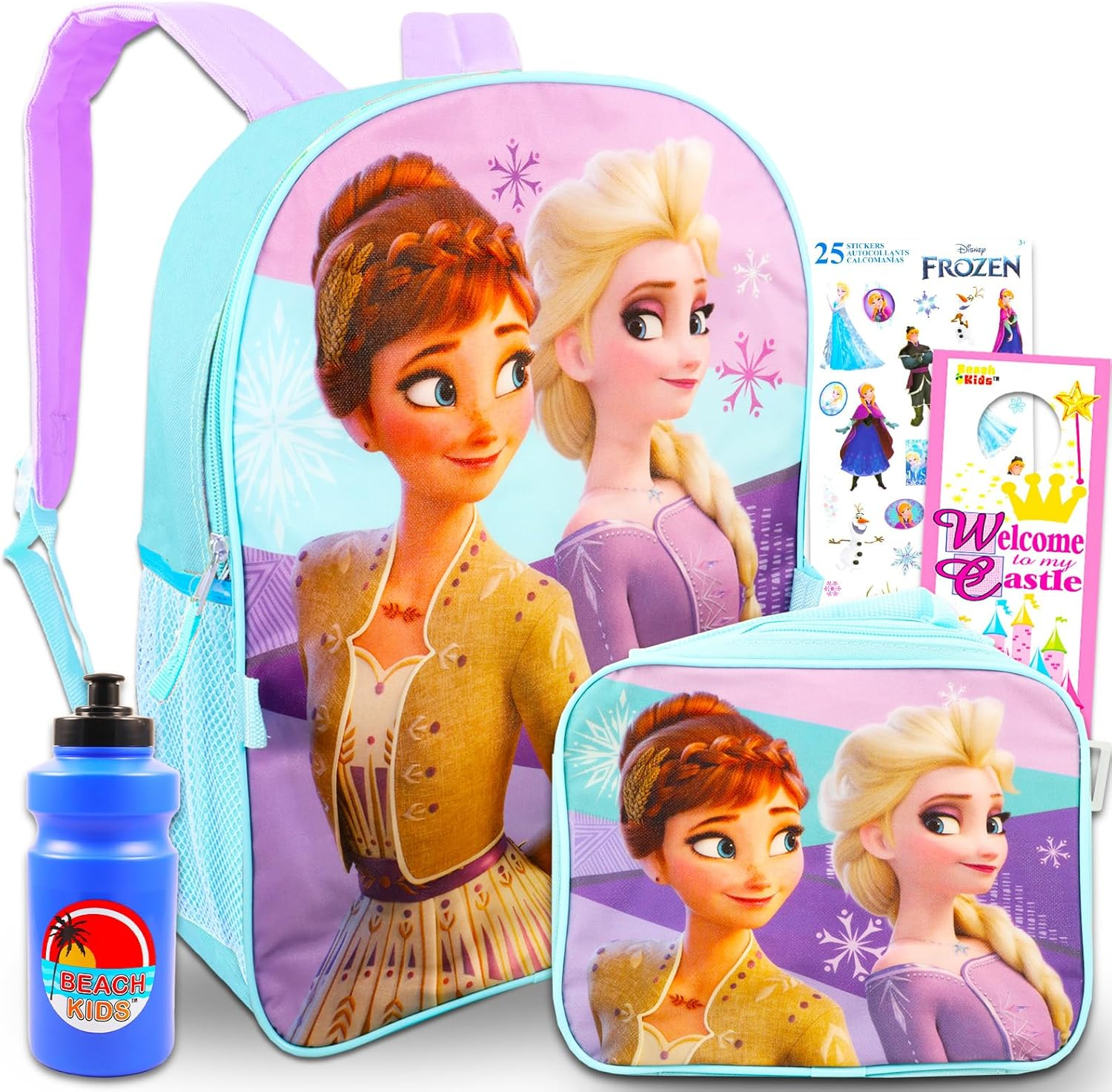 Disney Frozen Anna and Elsa Backpack School Supplies Set for Girls ~ Bundle with 16" Frozen School Bag, Lunch Bag, Plastic Water Bottle, Frozen Stickers, and More., Frozen Backpack School image number 3