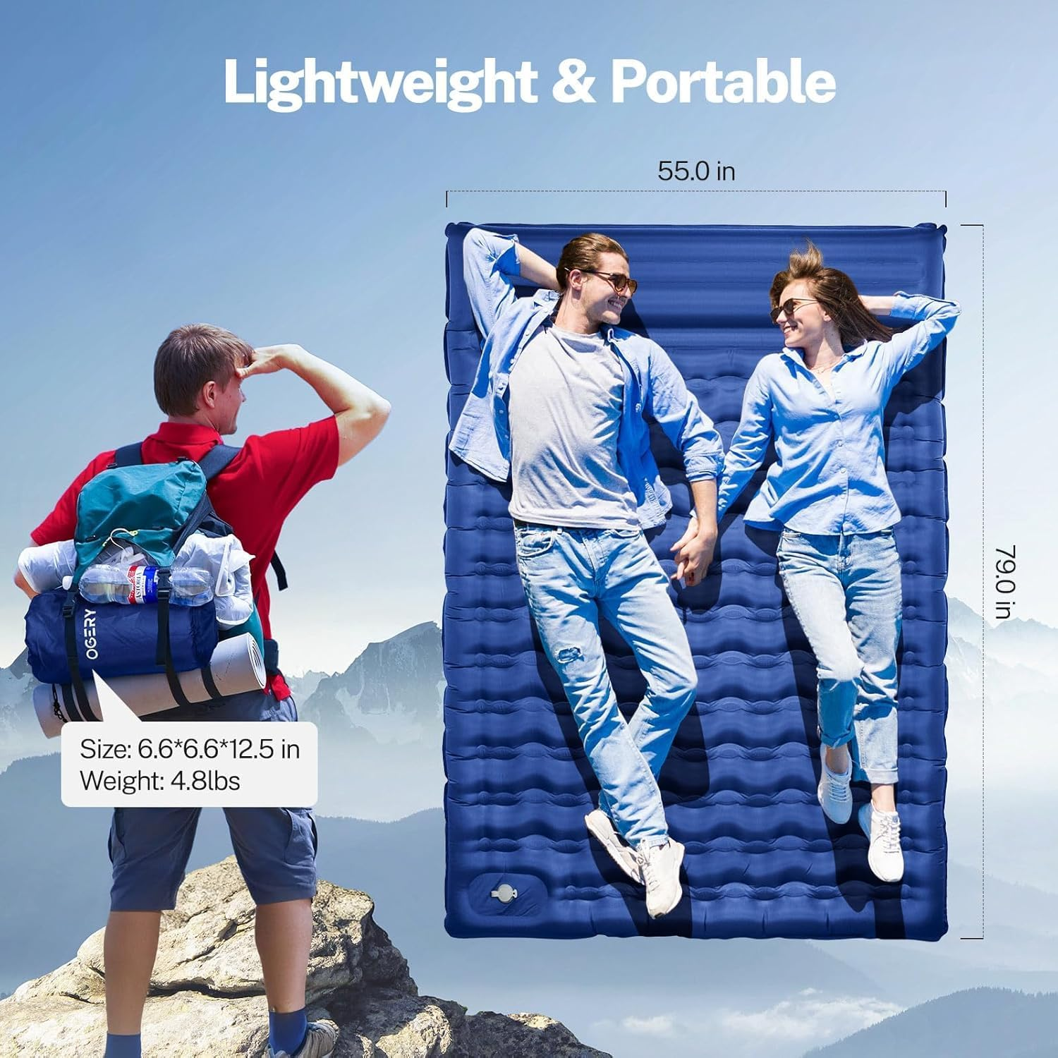 Double Sleeping Pad for Camping, 16 Cm Thick Self-Inflating Air Mattress， 2 Person with Pillow and Foot Pump Camping Sleeping Mat，Ultralight Mat for Backpacking, Hiking, Portable Camping Pad (Blue) image number 1